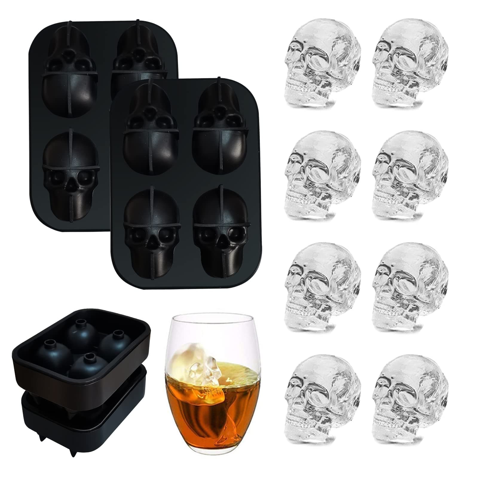 Skull Ice Cube Maker Tray 3D Silicone Ice Skull Maker for Christmas Halloween Whiskey Cocktails Juice (Black)