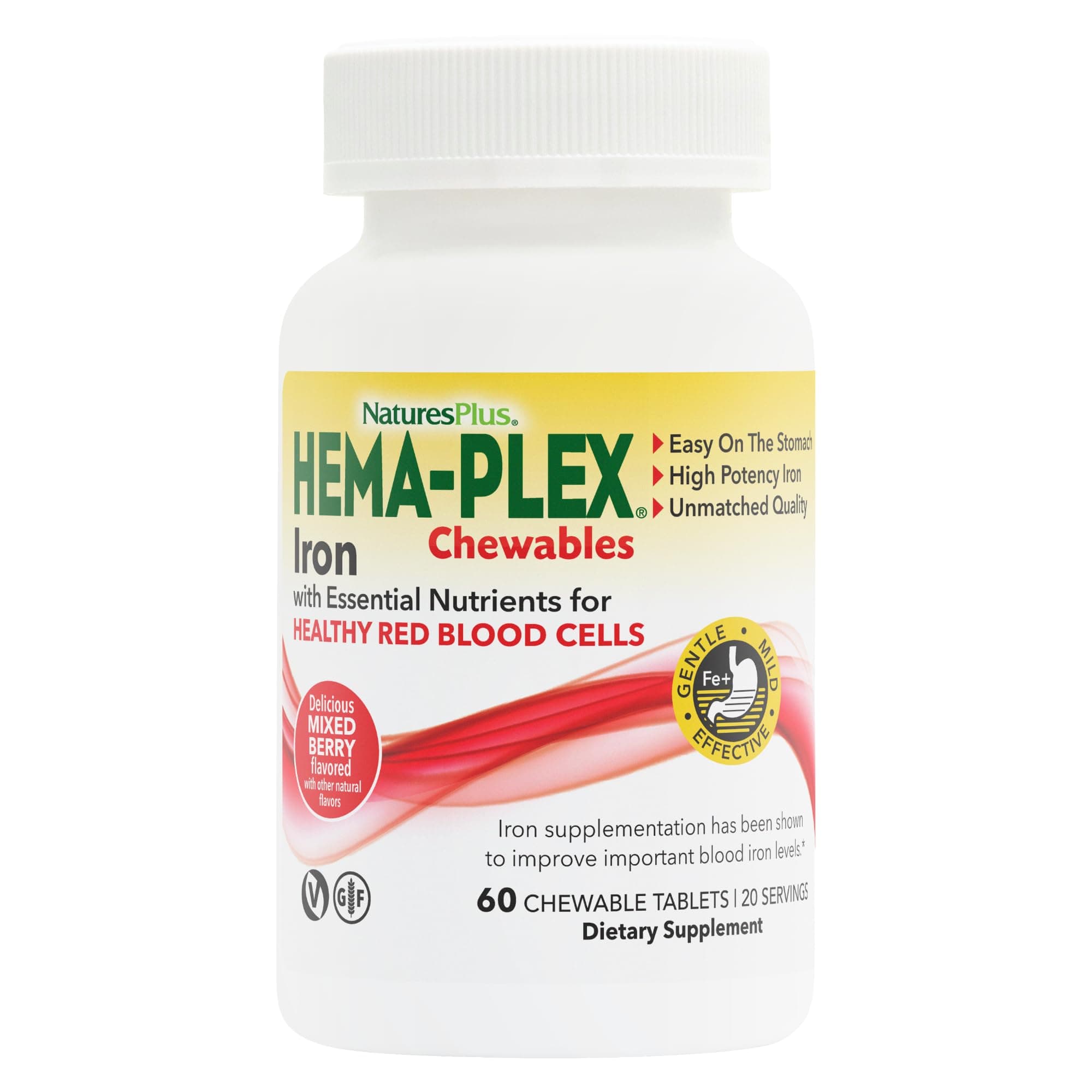 NaturesPlus Hema-Plex Iron - 60 Mixed Berry Chewables - 85 mg Elemental Iron - Total Blood Health - with Vitamin C & Bioflavonoids - Non-GMO, Vegan & Gluten Free - 20 Servings