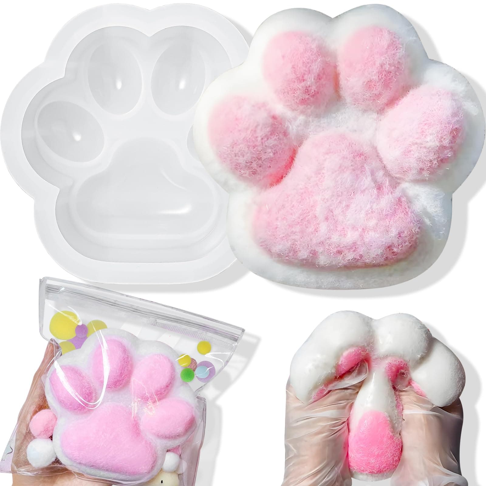 BABORUI Taba Squishy Making Kit - 4.7" Large Cat Paw Silicone Mold for Cat Paw Squishy Jumbo + Flocking + Cute Ball, DIY Fufu Squishy Making Kit for Squishy Fidget Toys