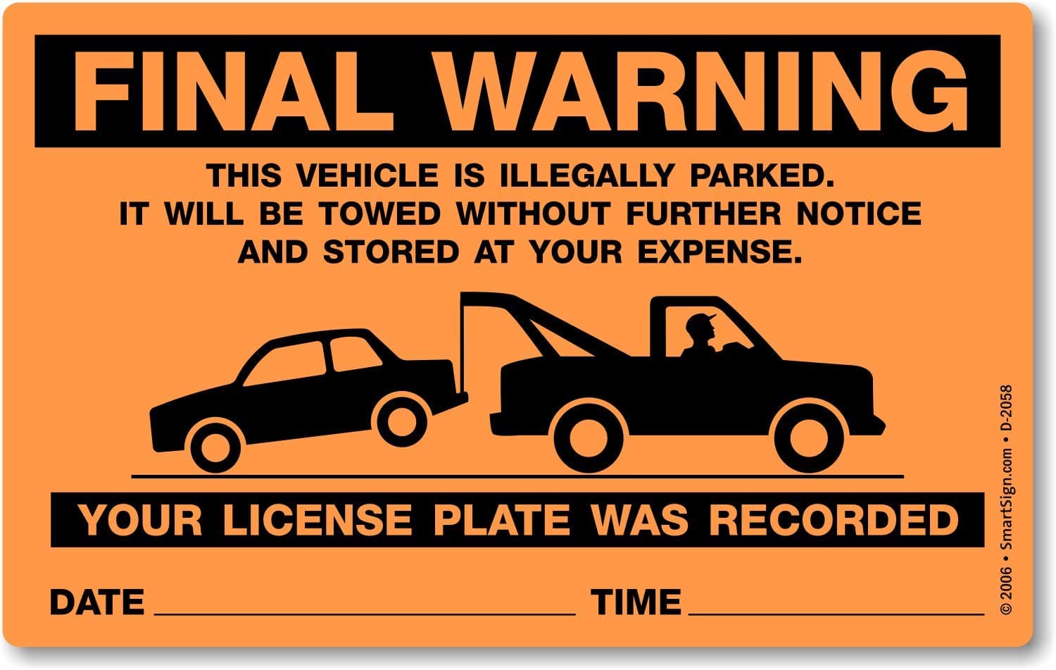 SmartSign 50-Pack Write-On Final Warning Parking Violation Stickers, 5" x 8", Vehicle Illegally Parked Sticker Tickets with Permanent Adhesive, Fluorescent Orange, USA-Made