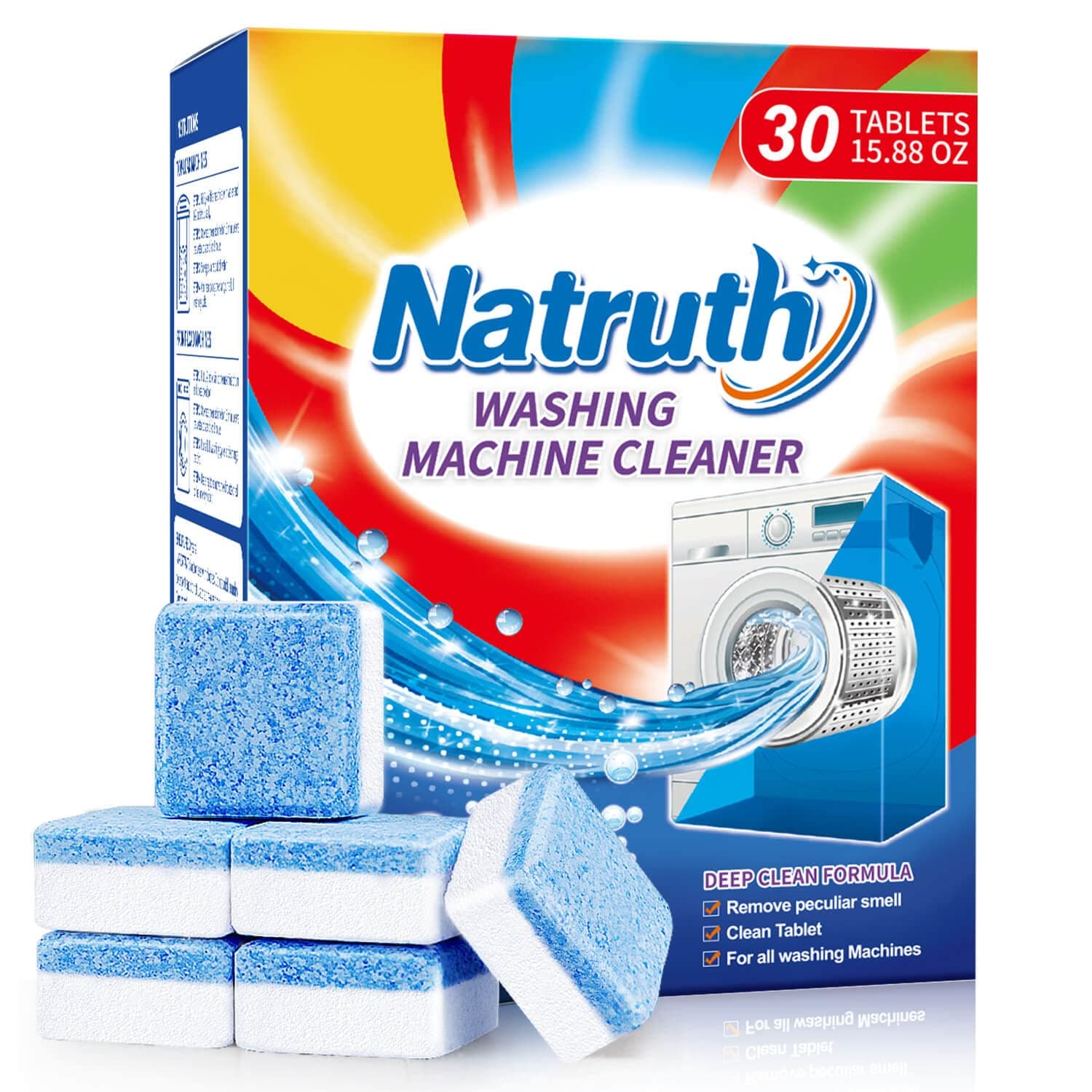 NATRUTH Washing Machine Cleaner Deep Clean Tablets 30 Pack,Triple Decontamination Remover Descaler for HE,Top Load & Front Load Washer Cleaner, Removes Washing Machine Odor, Grime & Build-Up