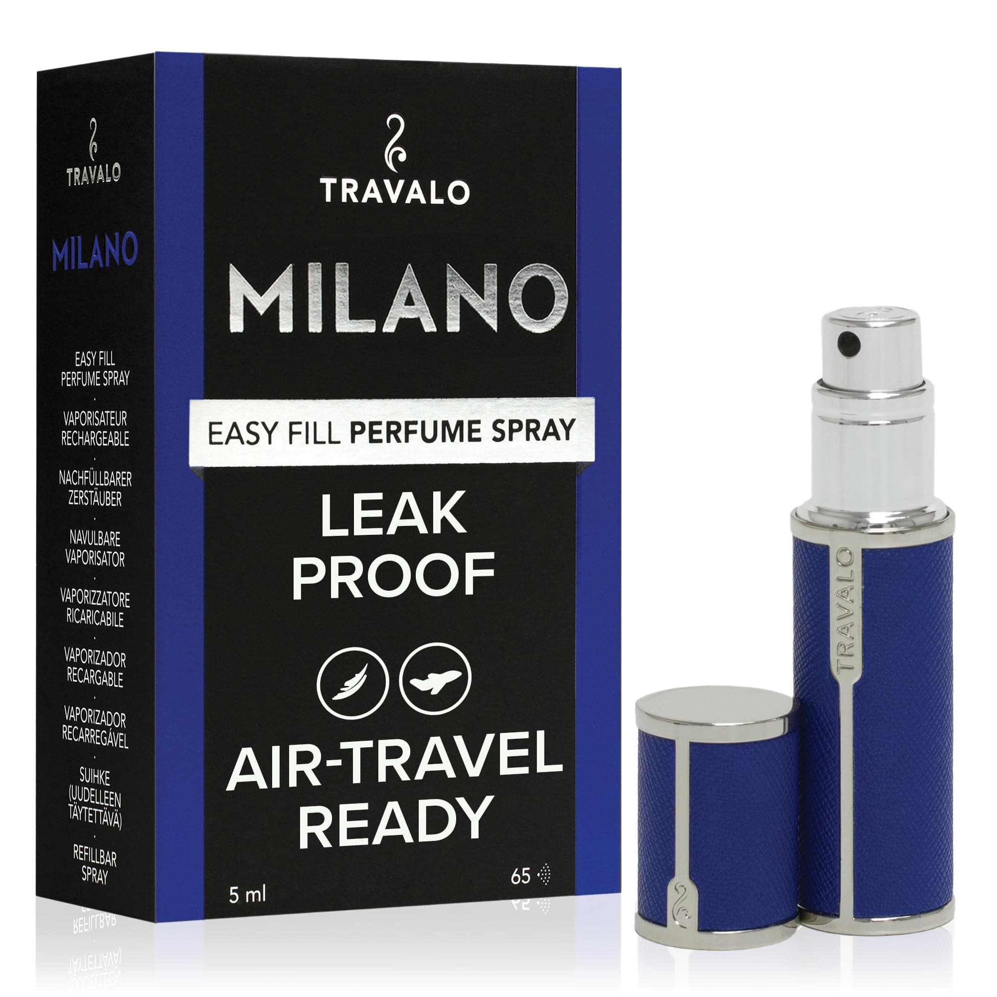 Milano Perfume Atomizer - Leak-Proof and TSA Approved for Air Travel - Reusable, Airtight, Easy Fill Mini Pump Sprayer - Lightweight, Vegan Leather with Polished Metal Outer Shell - Blue