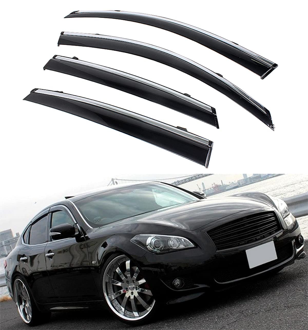 Cuztom Tuning VIP Clip-on Type Window Visor with Chrome Trim Fits for 2011-2017 Infiniti M35h M37 Q70 M56 Sedan
