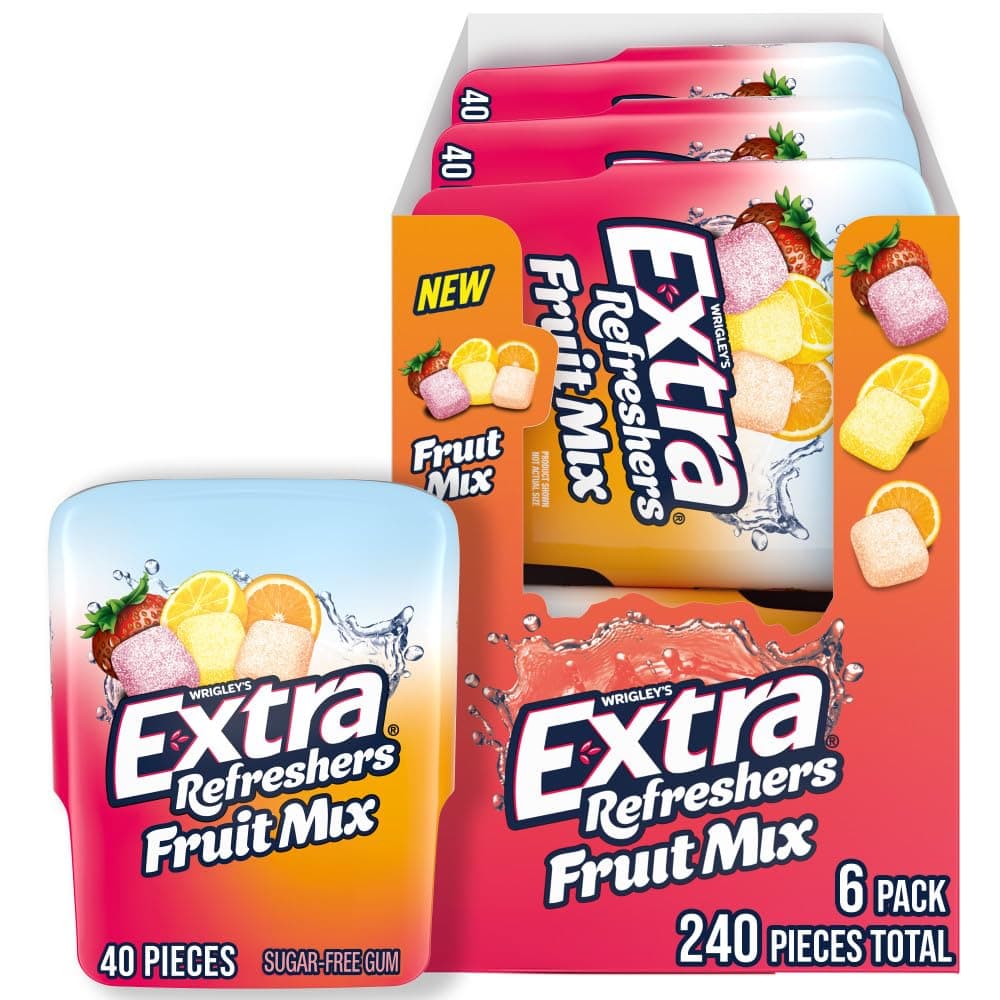 EXTRA Gum Refreshers Fruit Mix Sugar-Free Chewing Gum Bulk, 40 Piece Bottle (Pack of 6)