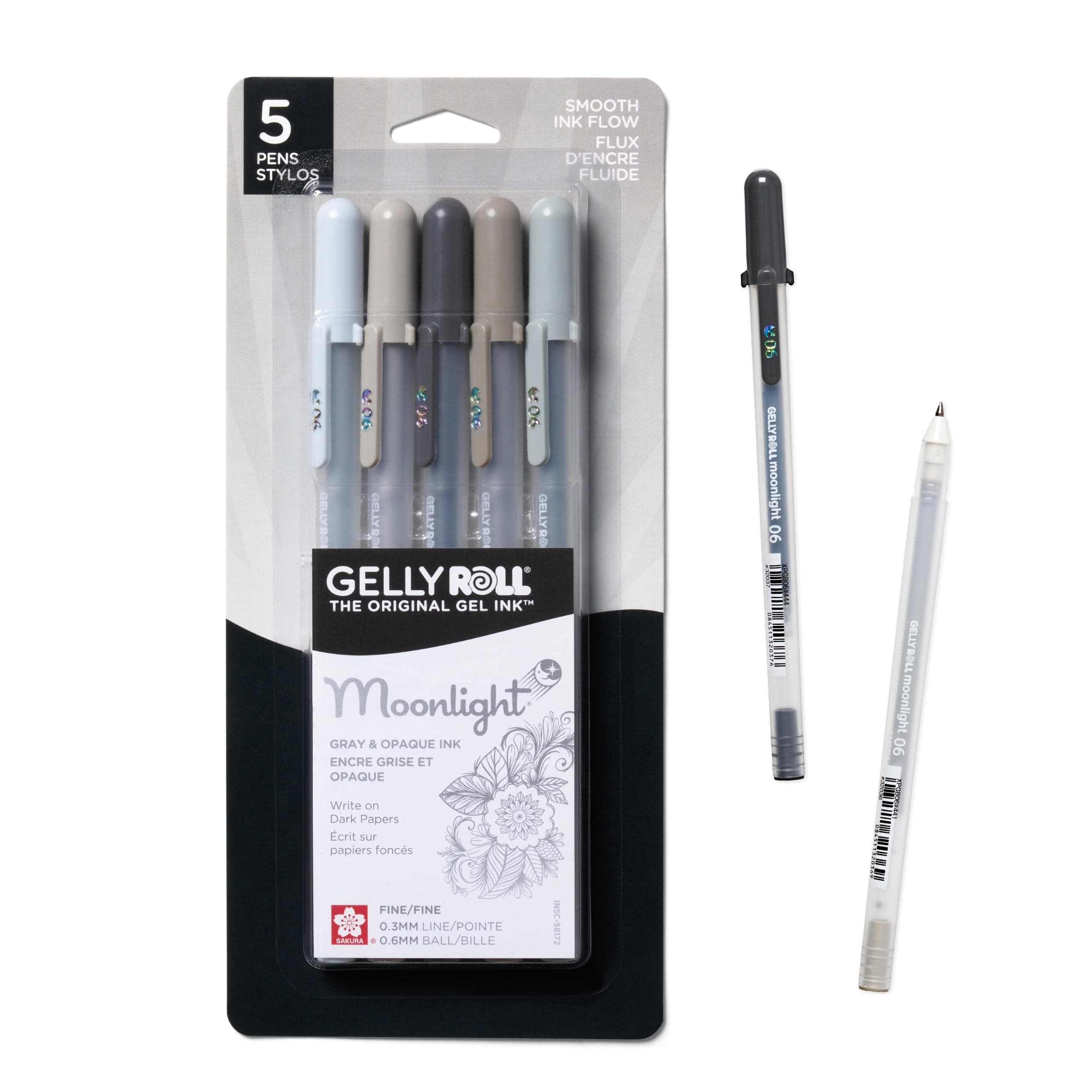 Sakura Gelly Roll Moonlight 5 Pack, 06 Fine point, Opaque Gray Gel Pens, Creamy Smooth Ink, Writes on Dark Paper