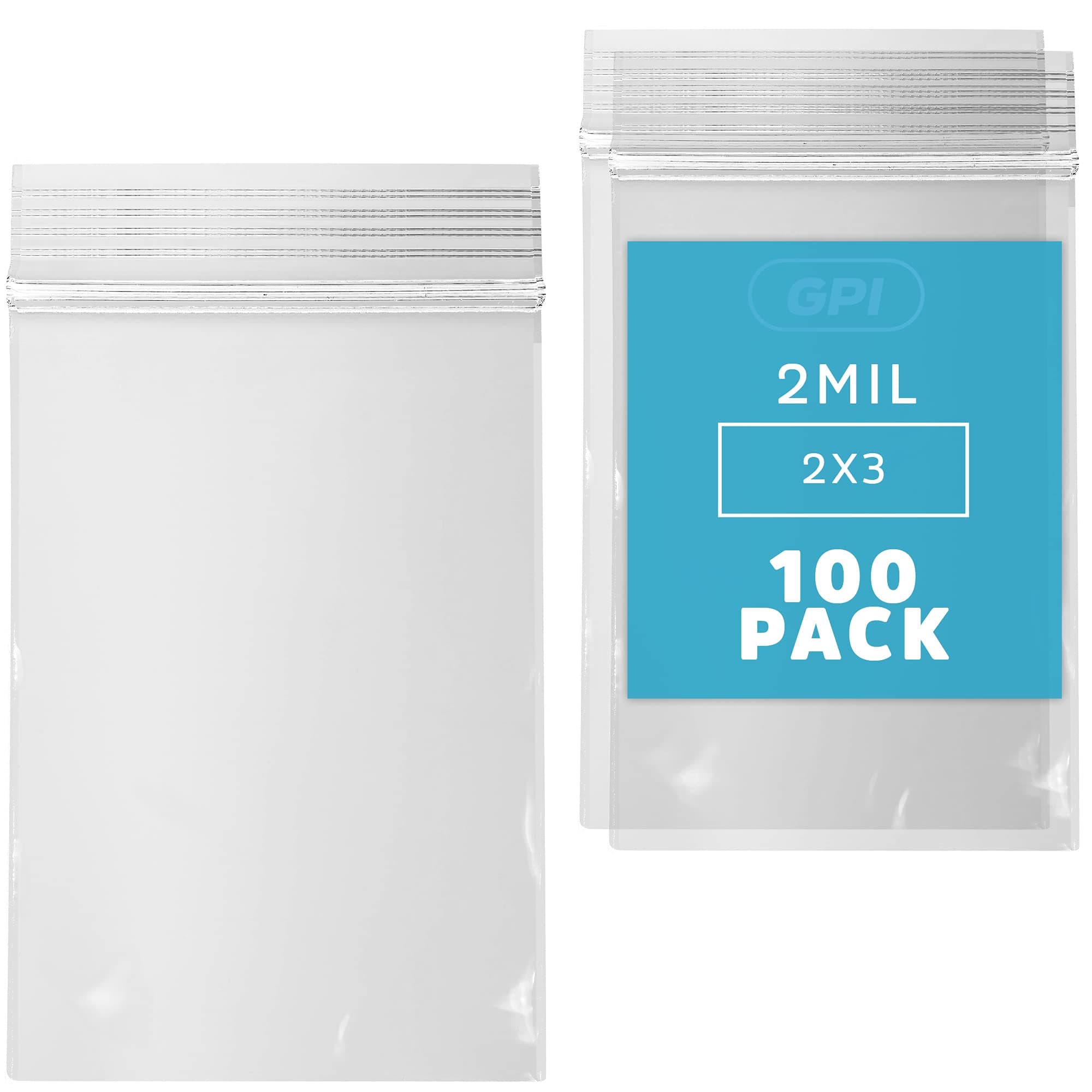 2" x 3" Small Zip Bags, 100 Pack, Clear Plastic Reclosable Poly Baggies, 2 mil with Resealable Zip Top Lock for Storage & Packaging Jewelry, Pills, Meds, Candy, Beads & Seeds. GPI