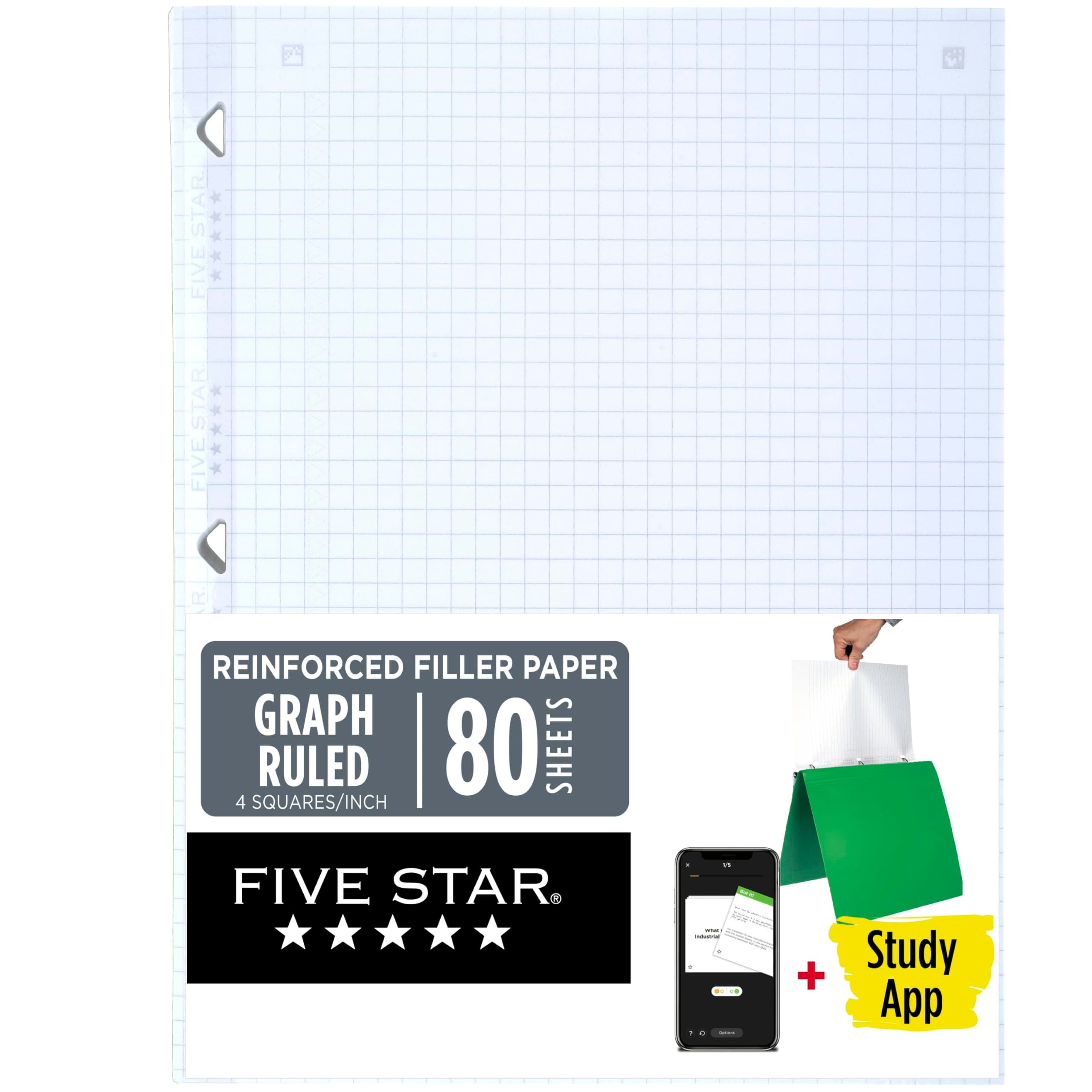 Five Star Loose Leaf Paper + Study App, Notebook Paper, Graph Ruled Paper, 8-1/2" x 11", 80 Sheets, Reinforced Filler Paper, Fights Ink Bleed (170122)