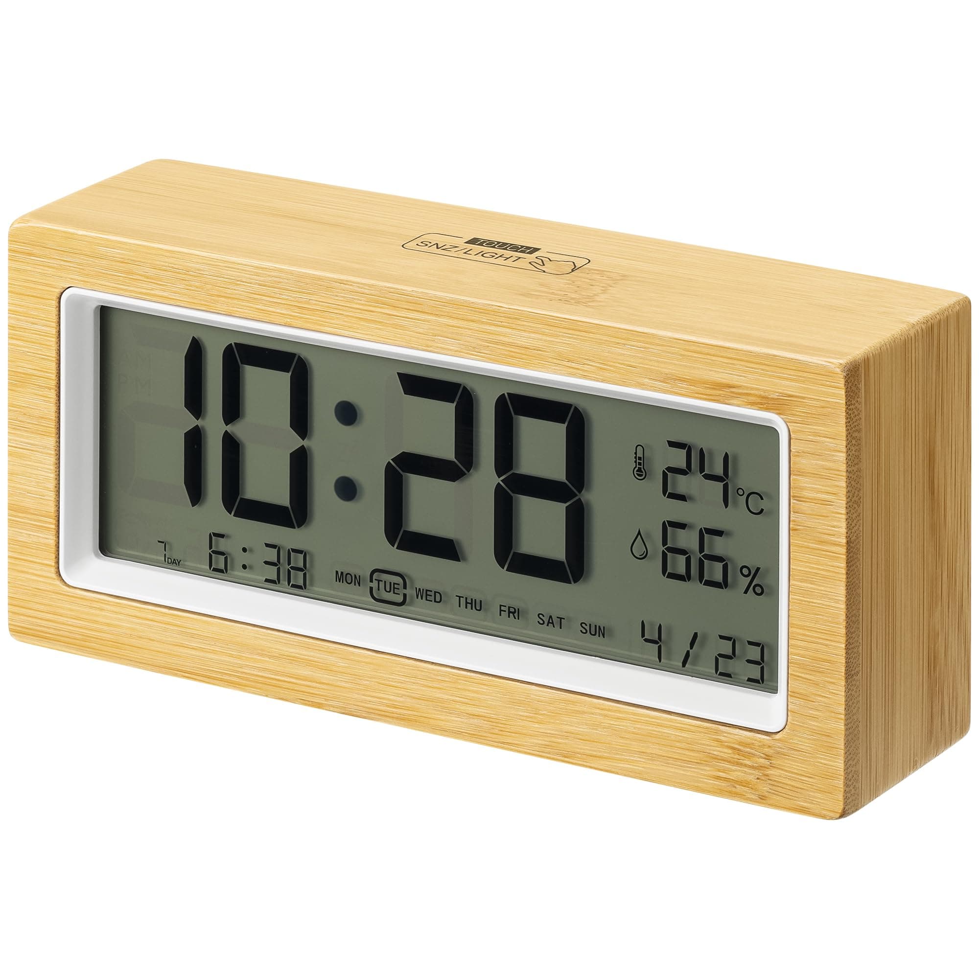 Navaris Digital Alarm Clock for Bedside or Desk with Light & LCD Backlit Display Shows Date Temperature & Humidity - Battery Operated - Bamboo with White Frame
