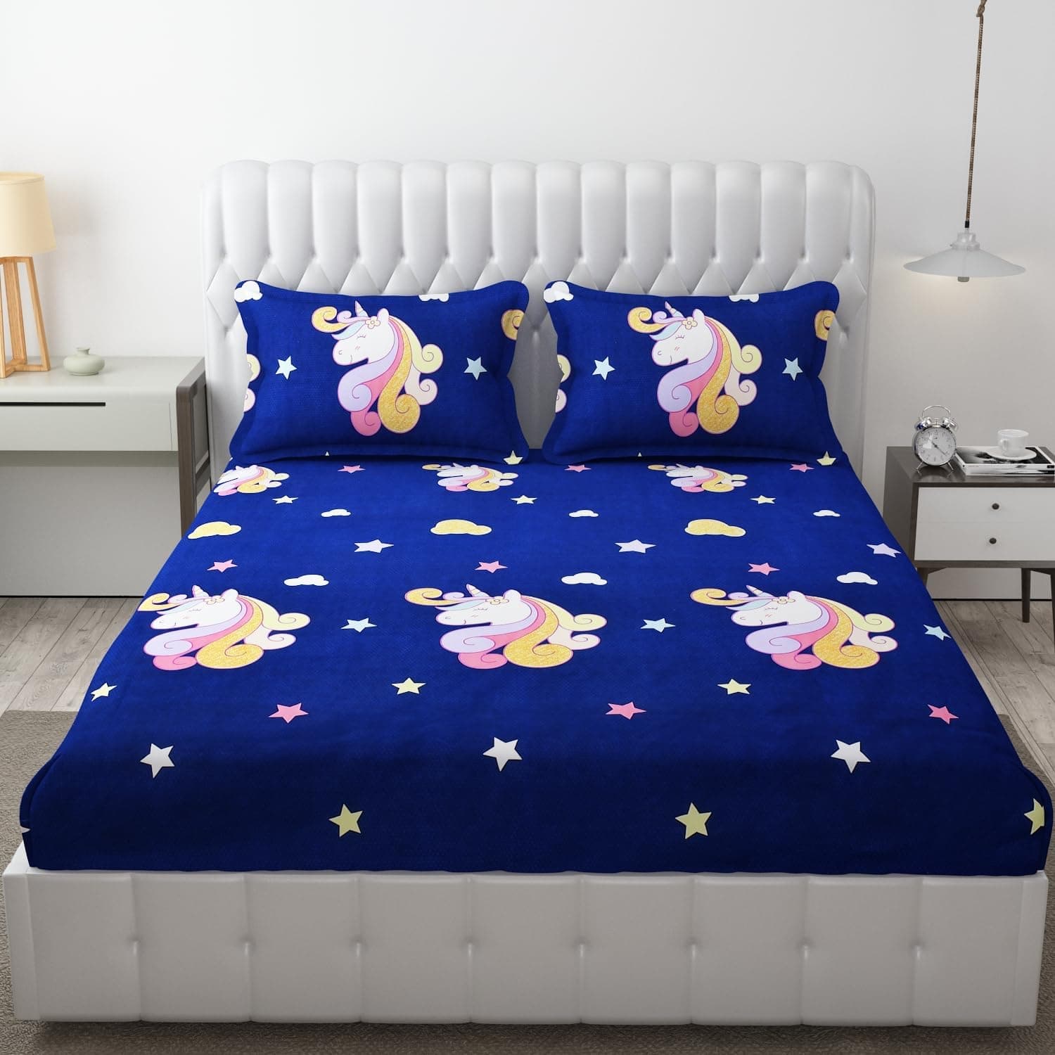 Kids King Size Elastic Fitted Bedsheet for Double Bed with 2 Pillow Covers | 210 TC Cotton | Deep Pocket Fits up to 8 Inch Mattress | Size 78 x 72 Inch | Blue Unicorn Print