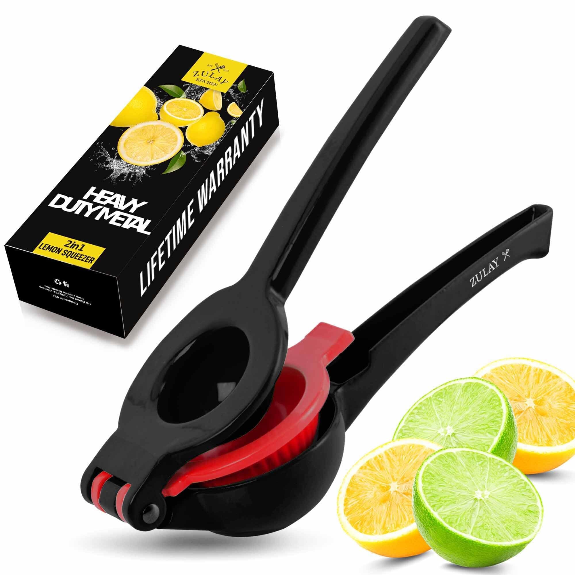 Metal 2-in-1 Lemon Squeezer - Sturdy Max Extraction Hand Juicer Lemon Squeezer Gets Every Last Drop - Easy to Clean Manual Citrus Juicer - Easy-Use Lemon Juicer Squeezer - Black/Red