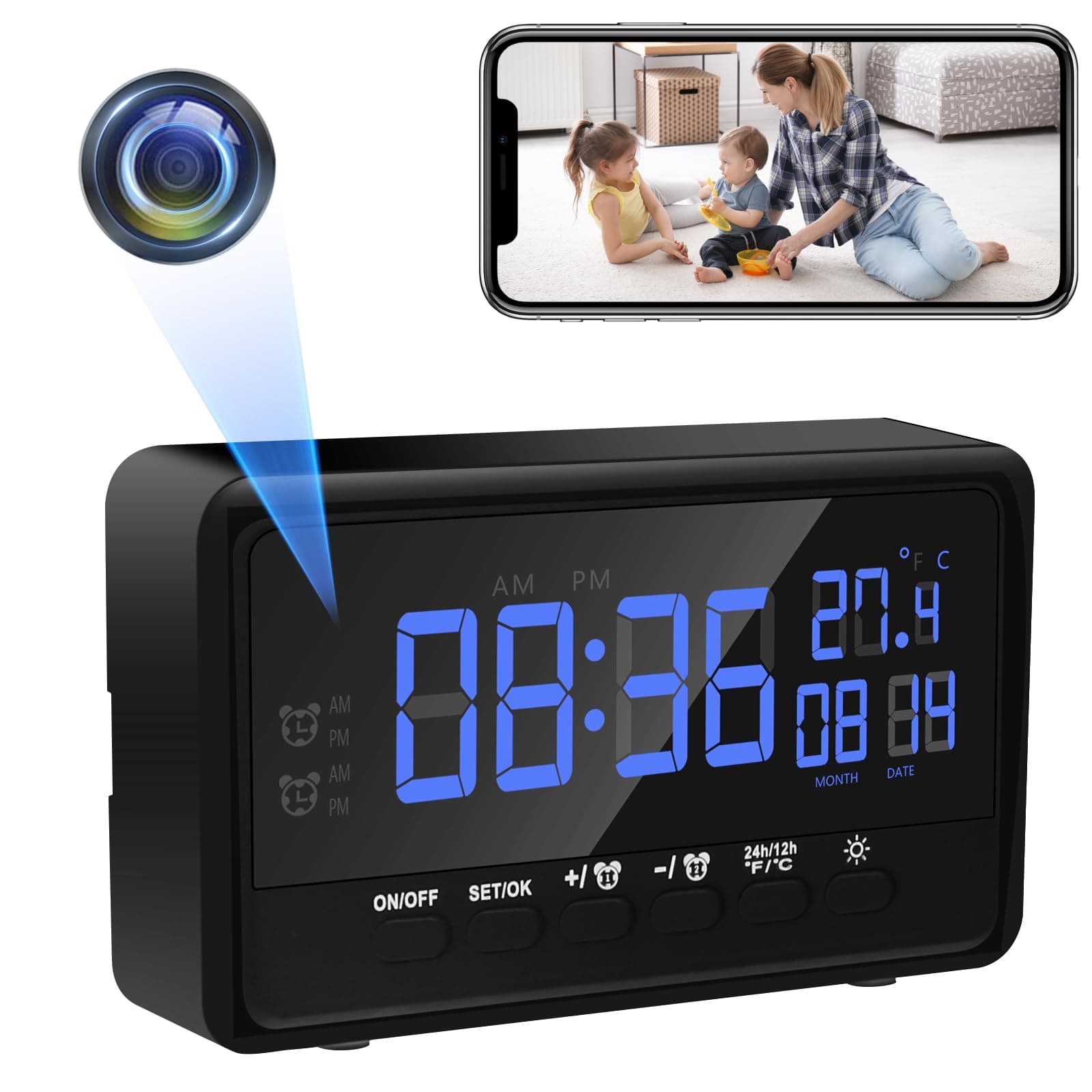 CYI Small Camera Clock-Type Camera 140° Wide Angle Smartphone Sync 1080P Quality Night Vision, Motion Detection Automatic Alert 4-Hour Operation 256GB WiFi Remote Control Long-Duration Recording