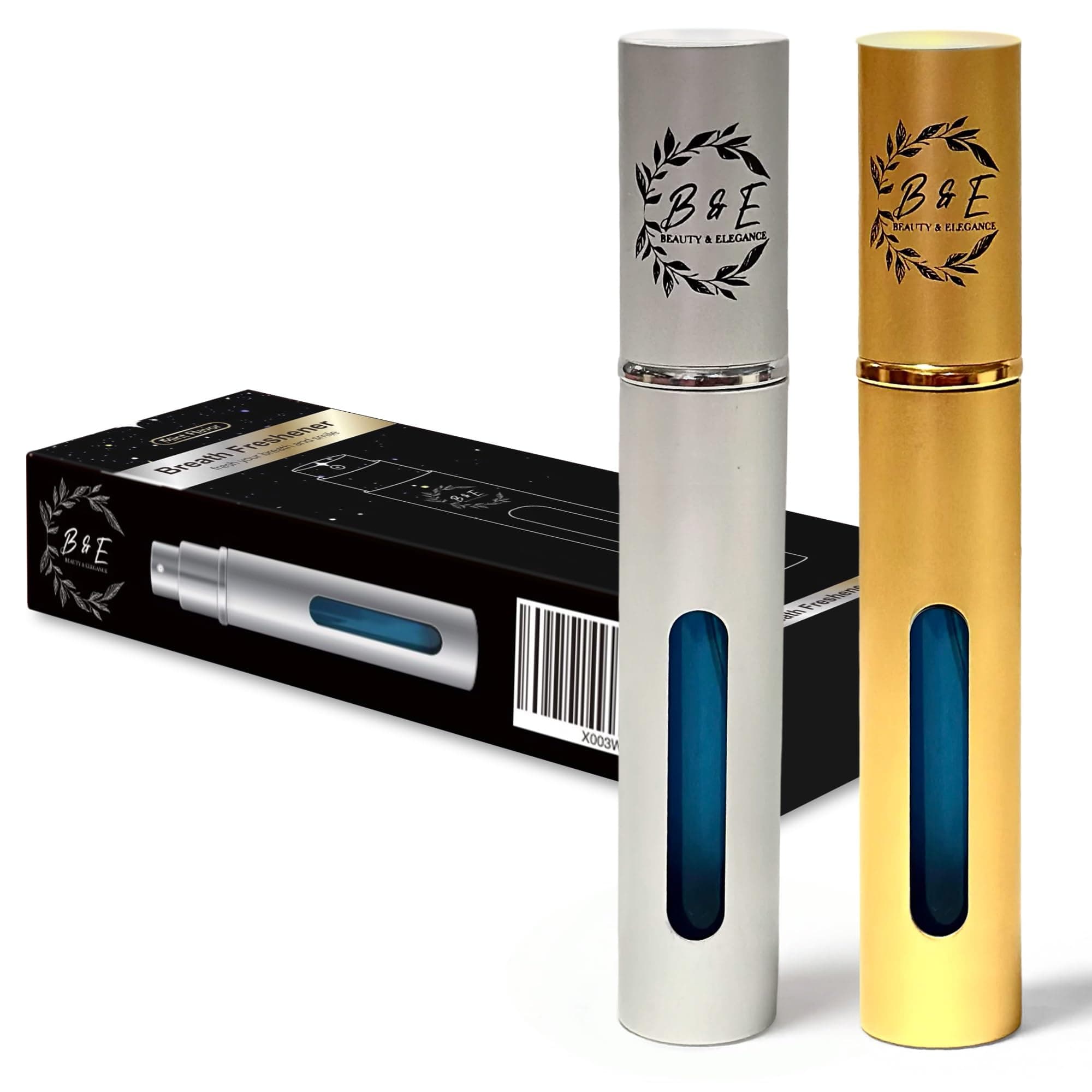 B & E Peppermint Breath Spray for Bad Breath - 2 pcs 0.34 oz Mint Mouth Freshener Spray - Compact Oral Care Spray for Dry Mouth - Gold and Silver Bottle