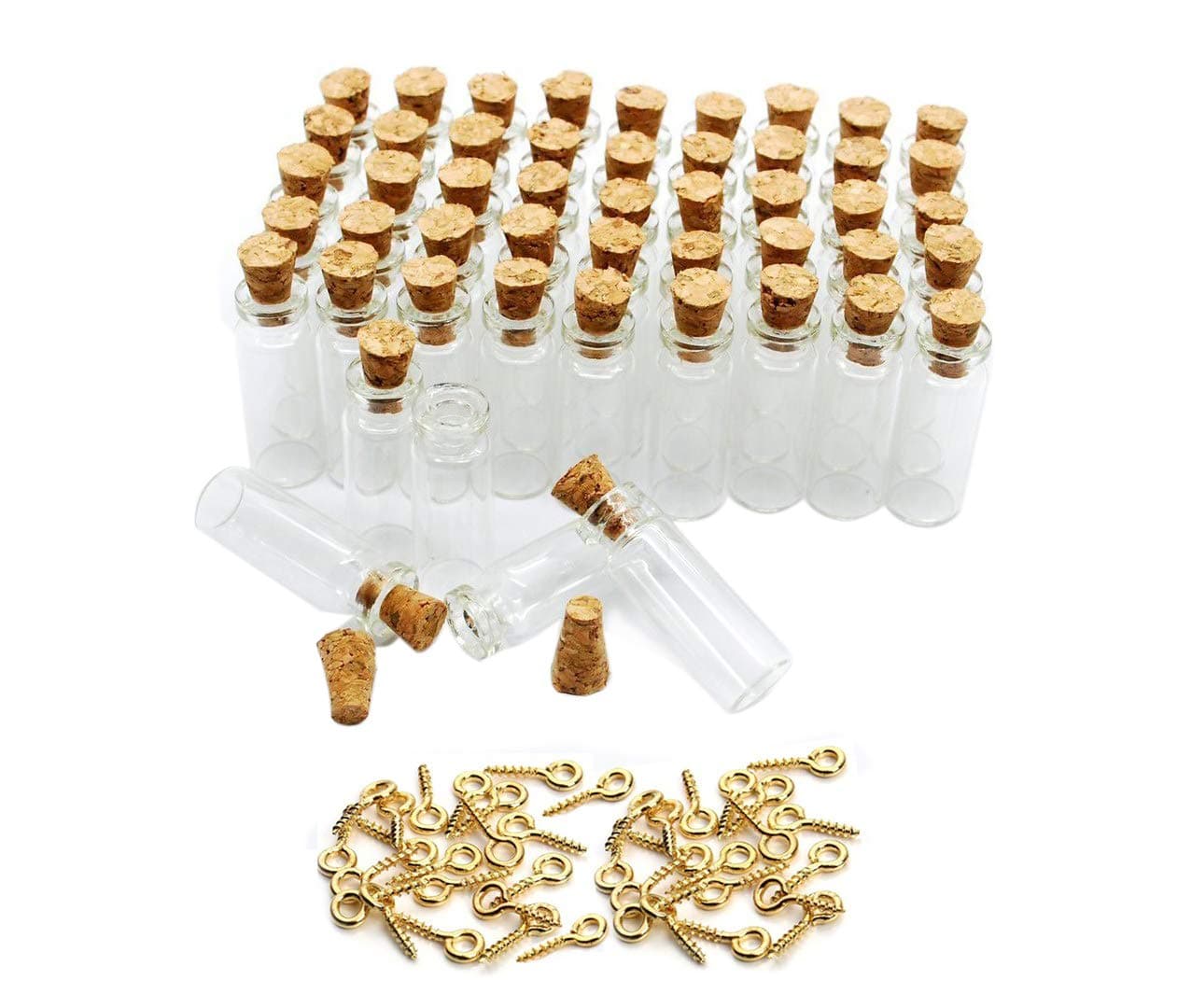 1ML Small Mini Tall Clear Glass Bottles/Jars with Corks Stoppers for Arts & Crafts, Projects, Decoration, Party Favors+ 50 Pcs Gold Metal Eye Hook Pin Screws,50 Pcs