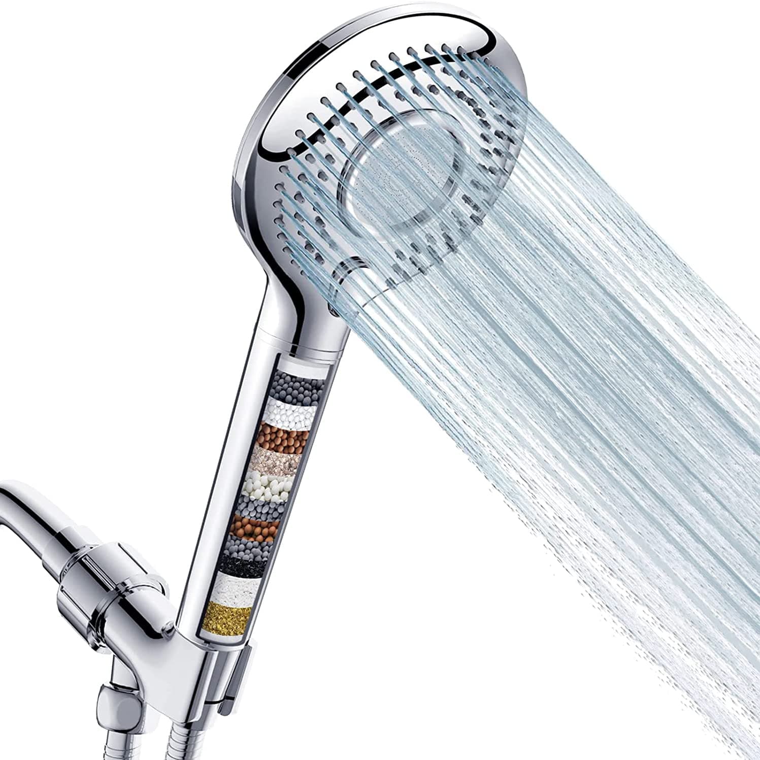 LENND Handheld Shower Head with Filter, High Pressure 3 Spray Mode Showerhead with 60" Hose, Bracket and 15 Stage Water Softener Filters for Hard Water Remove Chlorine and Harmful Substanc