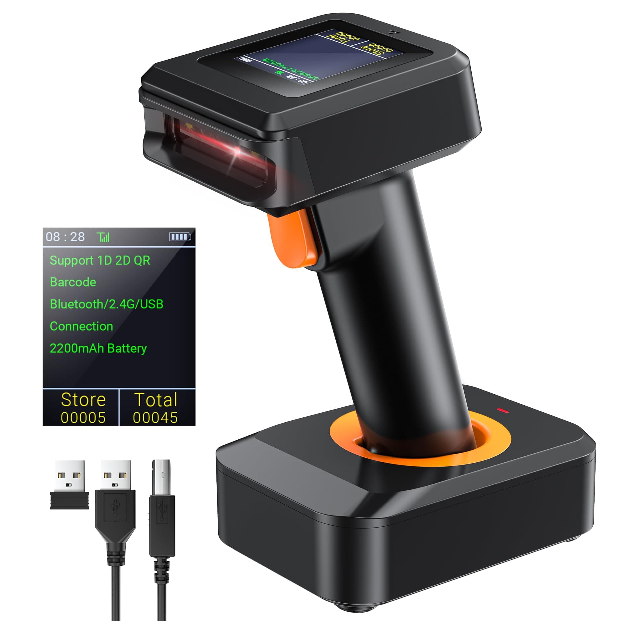 Tera Pro 1D 2D QR Wireless Barcode Scanner with Display Screen Battery Level Indicator Time Display Works with Bluetooth with Charging Cradle Base for Warehouse Supermarket Library HW0006 Pro