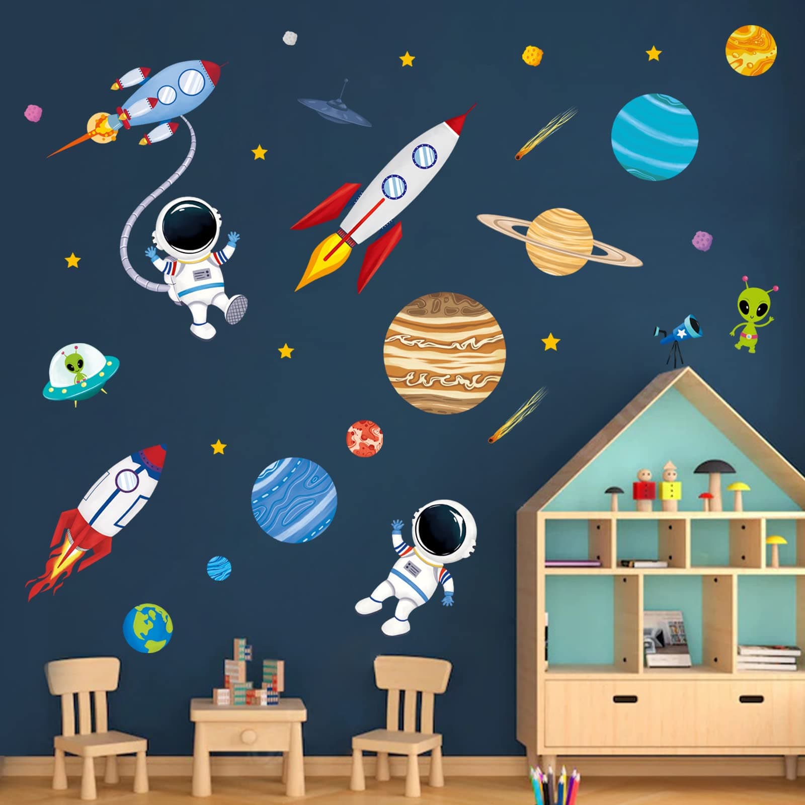 Outer Space Wall Decals Rocket Planets Astronaut Wall Stickers Baby Nursery Boys Bedroom Playroom Wall Decor