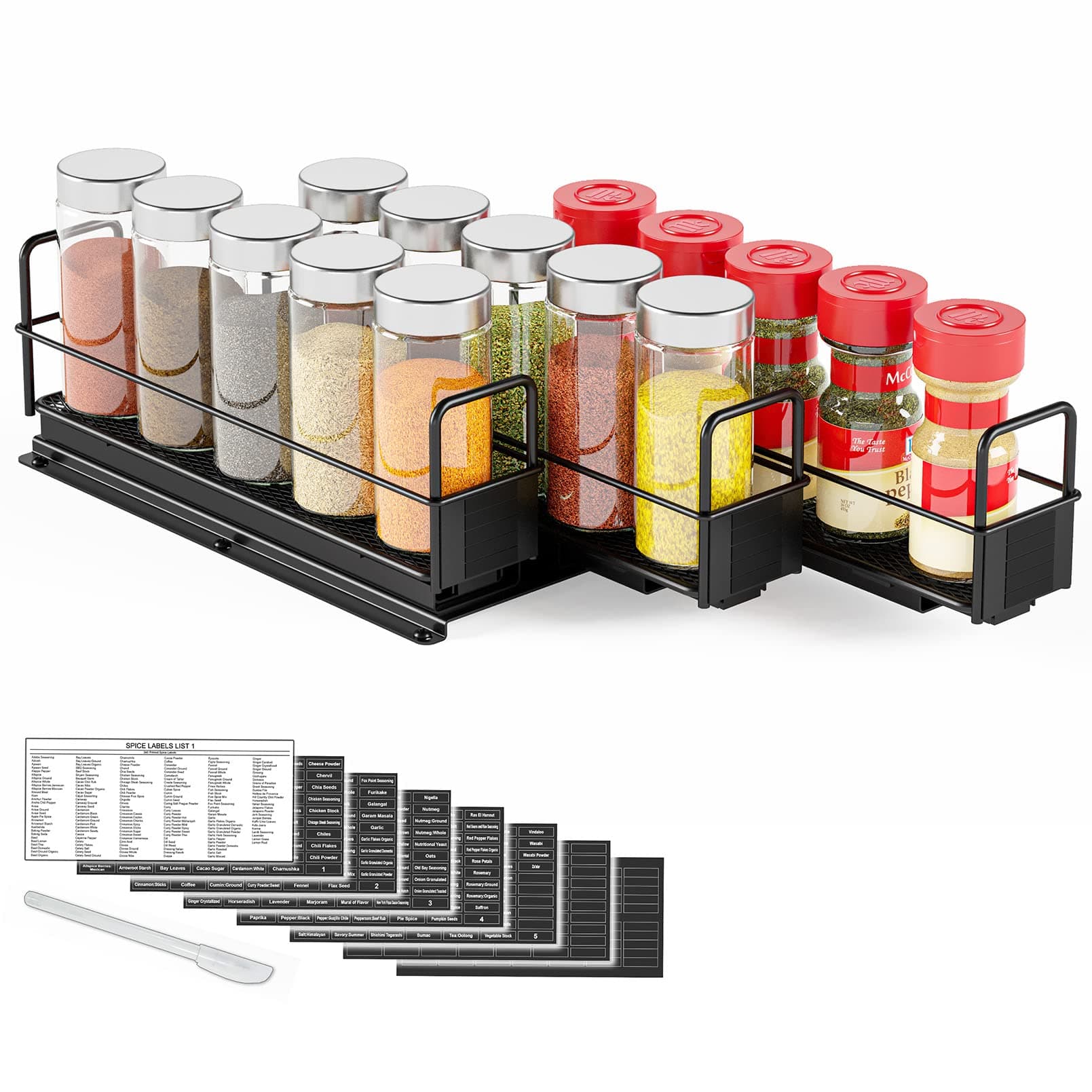 SpaceAid Pull Out Spice Rack Organizer for Cabinet, Heavy Duty Slide Out Seasoning Kitchen Organizer, Cabinet Organizer, with Labels, 7.7" W x10.75 D x4 H, 3 Drawers 1-Tier