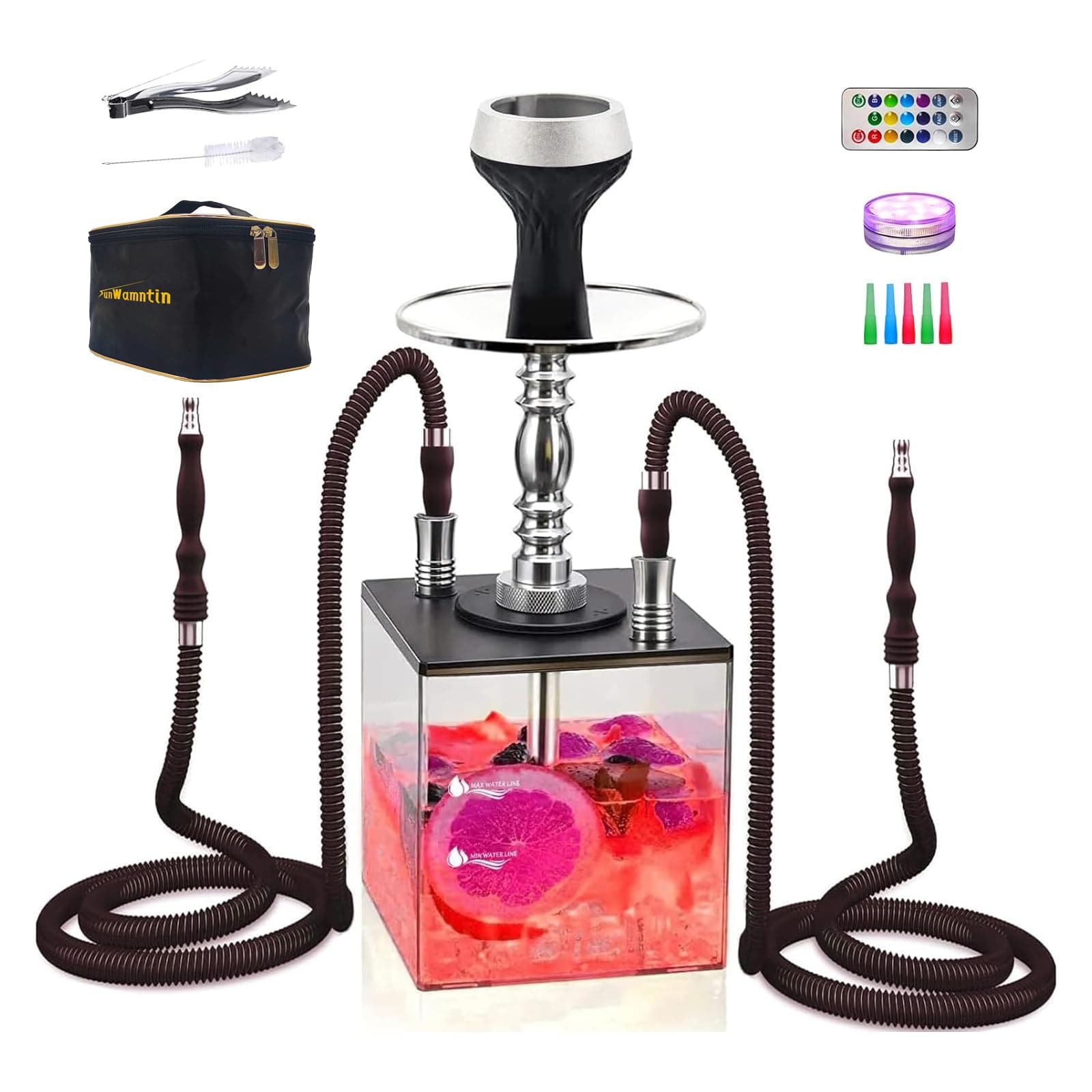 2 Hose Large Cloud Production Acrylic Hookah Set with Everything, Travel Kit with LED Hookah Machine for Shisha Smoking Experience(Black)