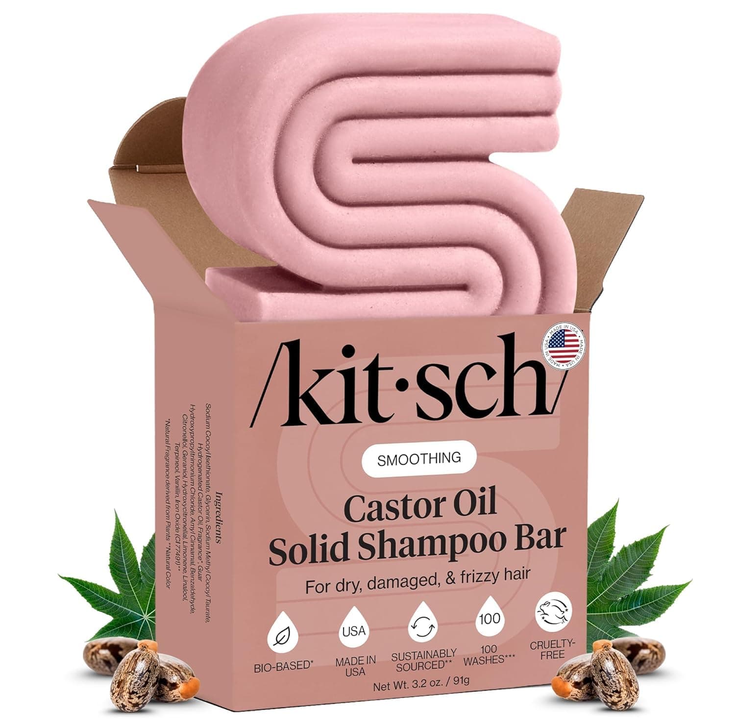Kitsch Shampoo Bar Castor Oil – Solid Bar Shampoo for Hydration, Strengthening and Moisturizing, Organic Castor Oil for Dull & Dry Hair, Vegan, Paraben-Free, Hair Care - 3.2 oz