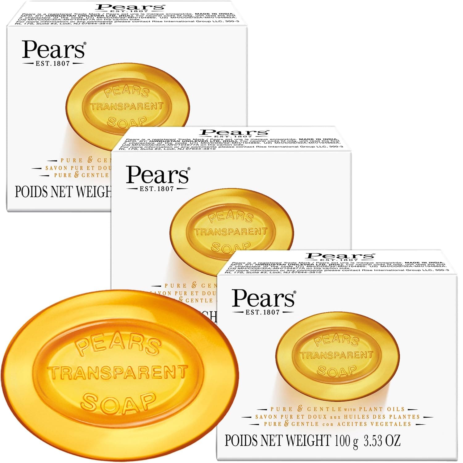 Pears Soap, Pure & Gentle with Natural Oils, 3-Pack – Transparent Amber Glycerin Soap for Pampered, Glowing Skin, 3.53 Oz Ea