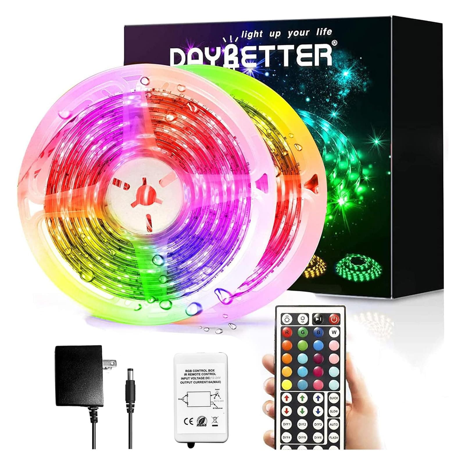 DAYBETTER Led Strip Lights Waterproof, 32.8ft(2 Rolls of 16.4ft) Led Tape Lights Color Changing 300 LEDs Light Strips Kit with 44 Keys Ir Remote Controller and 12v Power Supply for Indoor Outdoor Use