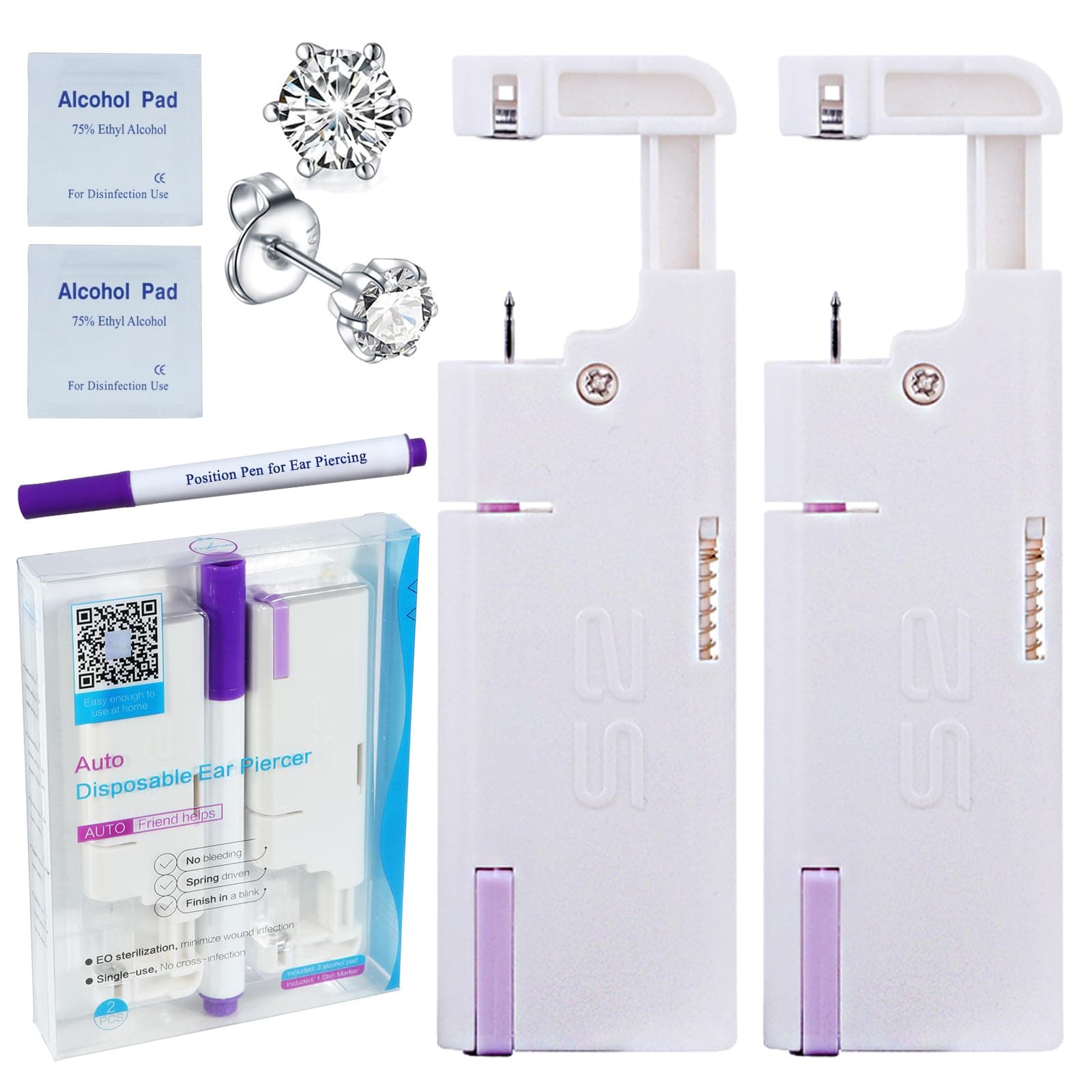 Firstomato 2PCS Disposable Ear Piercing Kit Aseptic Ear Piercing Gun Self Use Ear Piercings Kit Cartilage Piercing Gun with Hypoallergenic Earrings(5mm 6-prongs crystal)