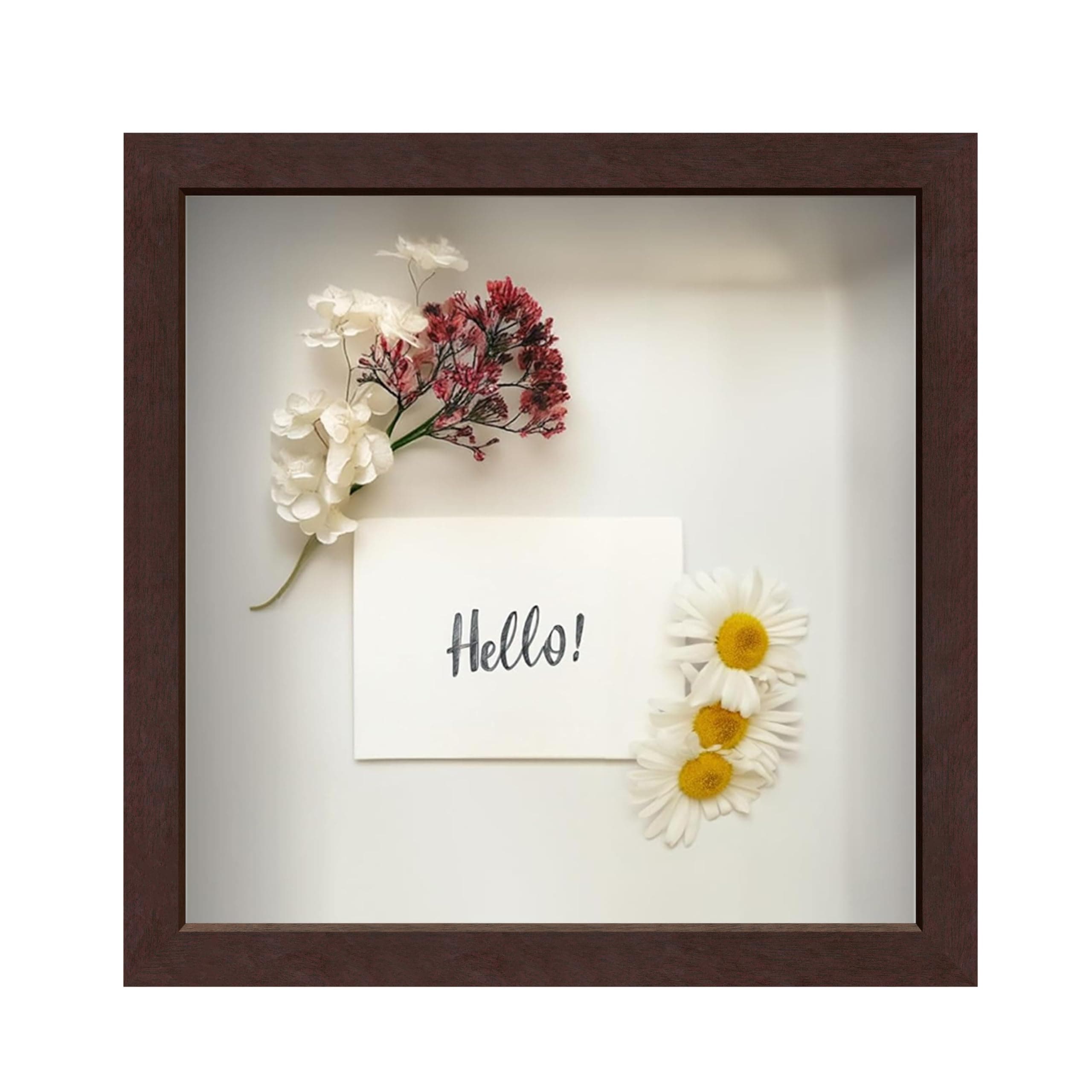 FrameWorks 11' x 11' Mahogany Wooden Shadow Box Frame Display Case with Soft Felt Back, Tempered Glass, Elegant White Ball Push Pins