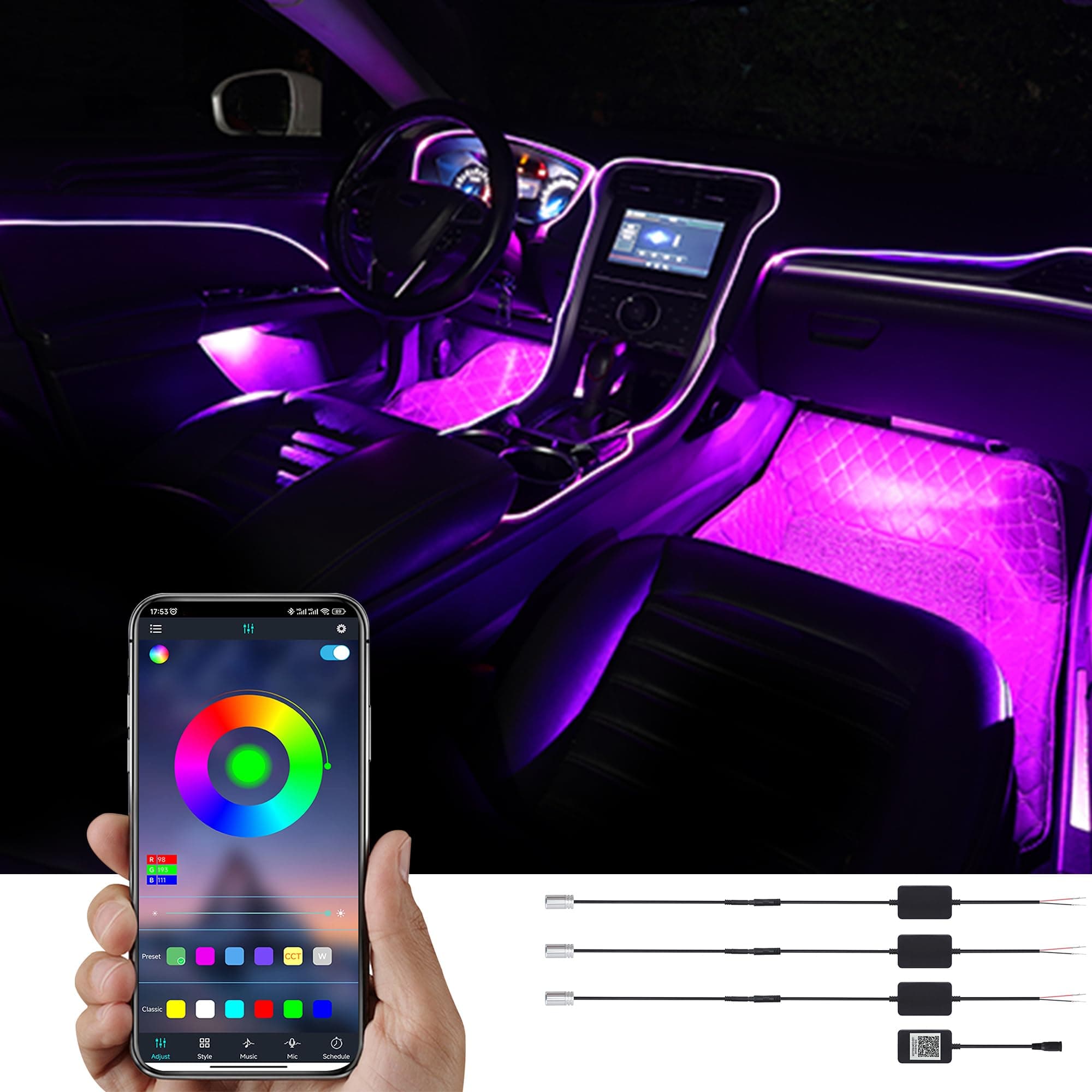 TABEN Ambient Light APP Control Car Atmosphere Light Lamp Soft DIY Refit 4m Optic Fiber Band 64 Colors Interior Lighting Decorative Light 1W DC 12V-24V