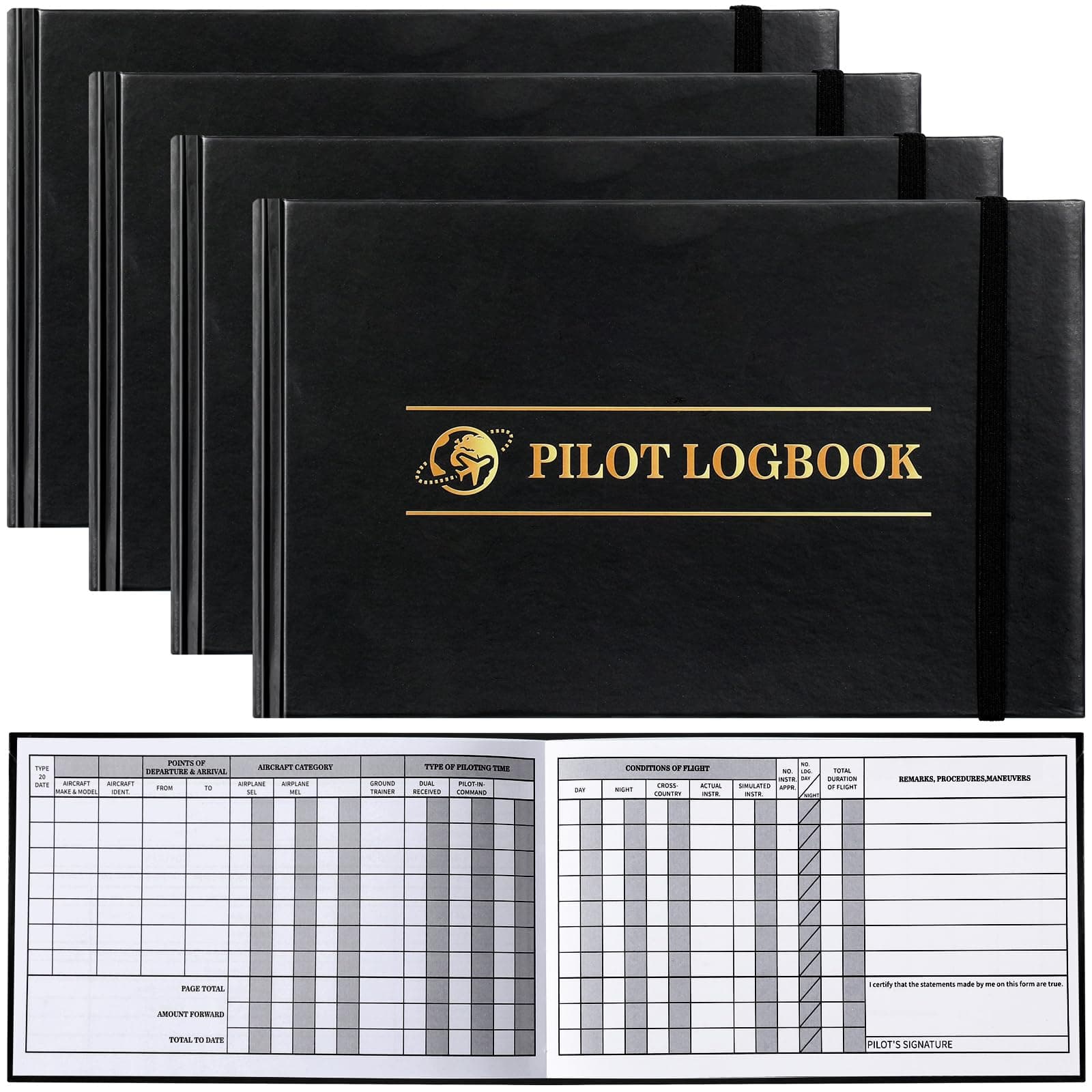 ReliThick 4 Pcs Pilot Logbook Black Hardcover Pilot Log Book Flight Log Book(Classic)