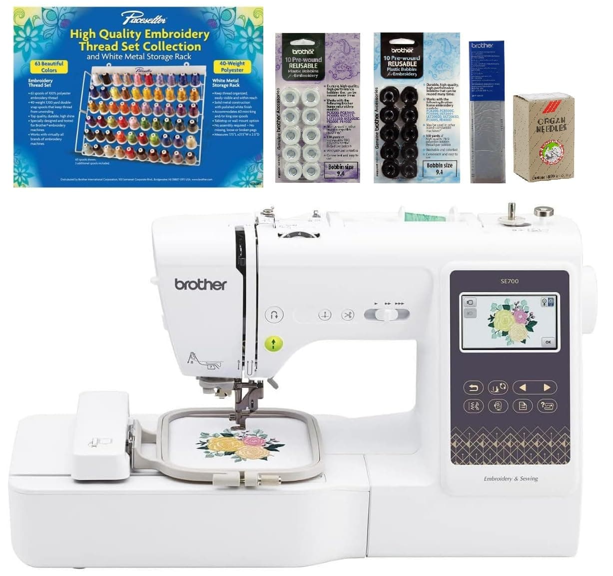 SE700 Sewing and Embroidery Machine, 63-Piece Thread Set, 20 Bobbins, 100-Piece 75/11 Embroidery Needles, Stabilizer Roll
