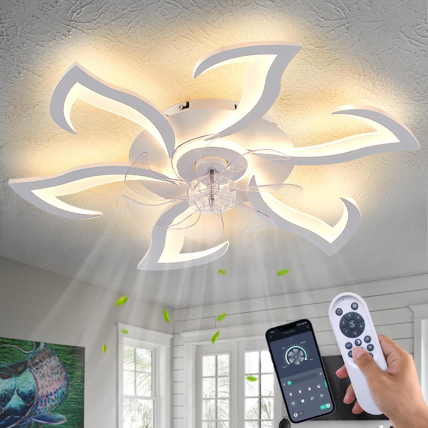 Dalouguan Modern Ceiling Fan with Lights Remote Control, 32" White Flush Mount Ceiling Fan with Light, 6 Speeds 3 Light Color Low Profile Ceiling Fan for Kitchen Bedroom