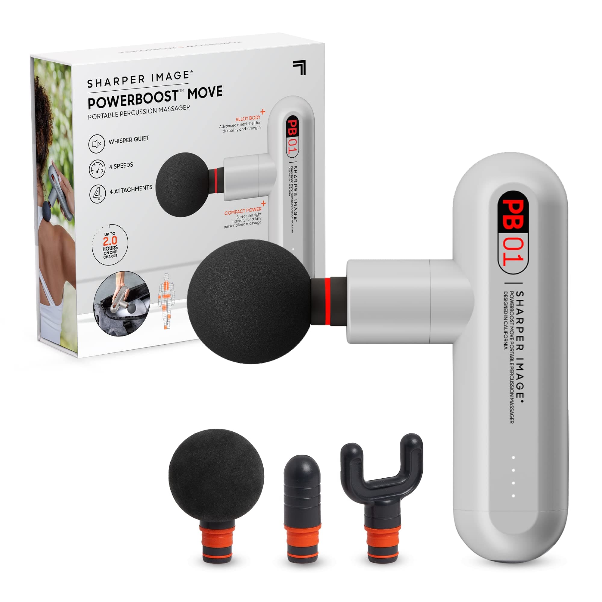 Sharper Image Powerboost Move - Mini Percussion Massage Gun| 4 Attachments, 4 Speeds, FSA Eligible| Full Body Back & Shoulder Massager| Deep Tissue Muscle Recovery| Portable Pain Relief Massage Tool