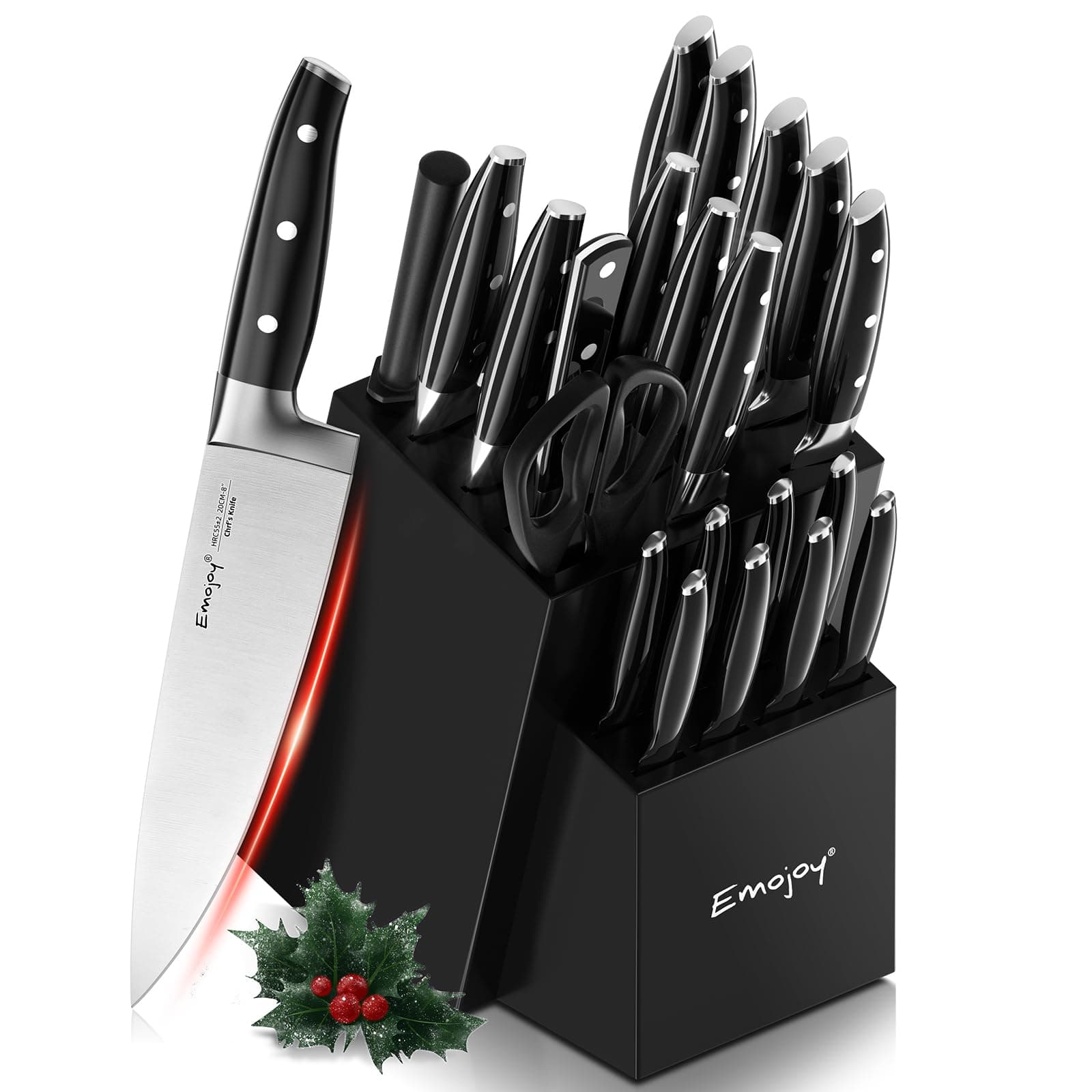 Emojoy Knife Set with Block, 22 pcs Kitchen Knives with Sharpener Black, German Stainless Steel Knives Set with Carving Fork Steak Knives, High Carbon Full Tang Knives Set