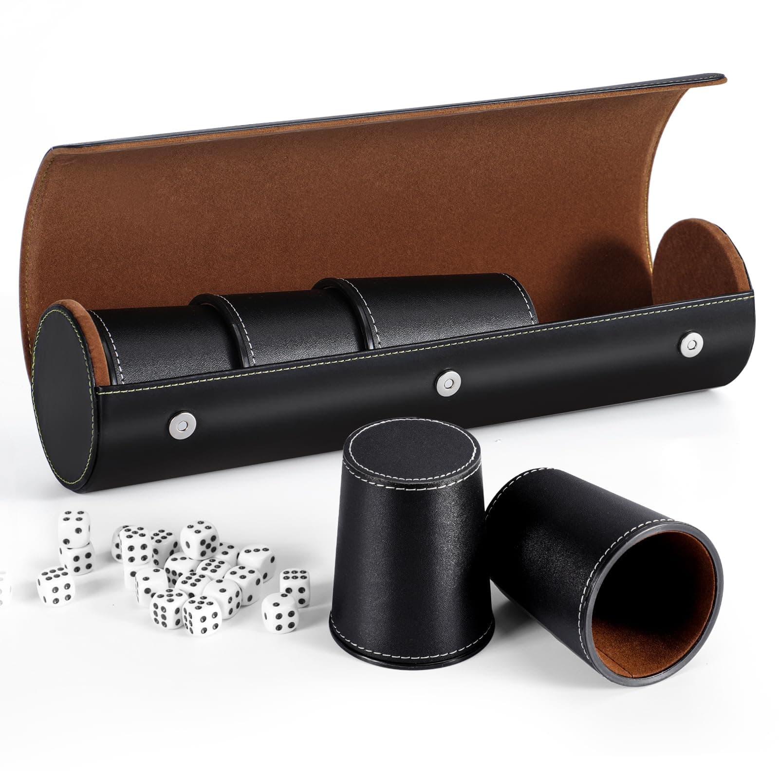 Leather Dice Cup Set, 5 Black Leather Dice Cups + 25 Dice + Exclusive Storage and Transport Case Made of Faux Leather with Magnetic Closure