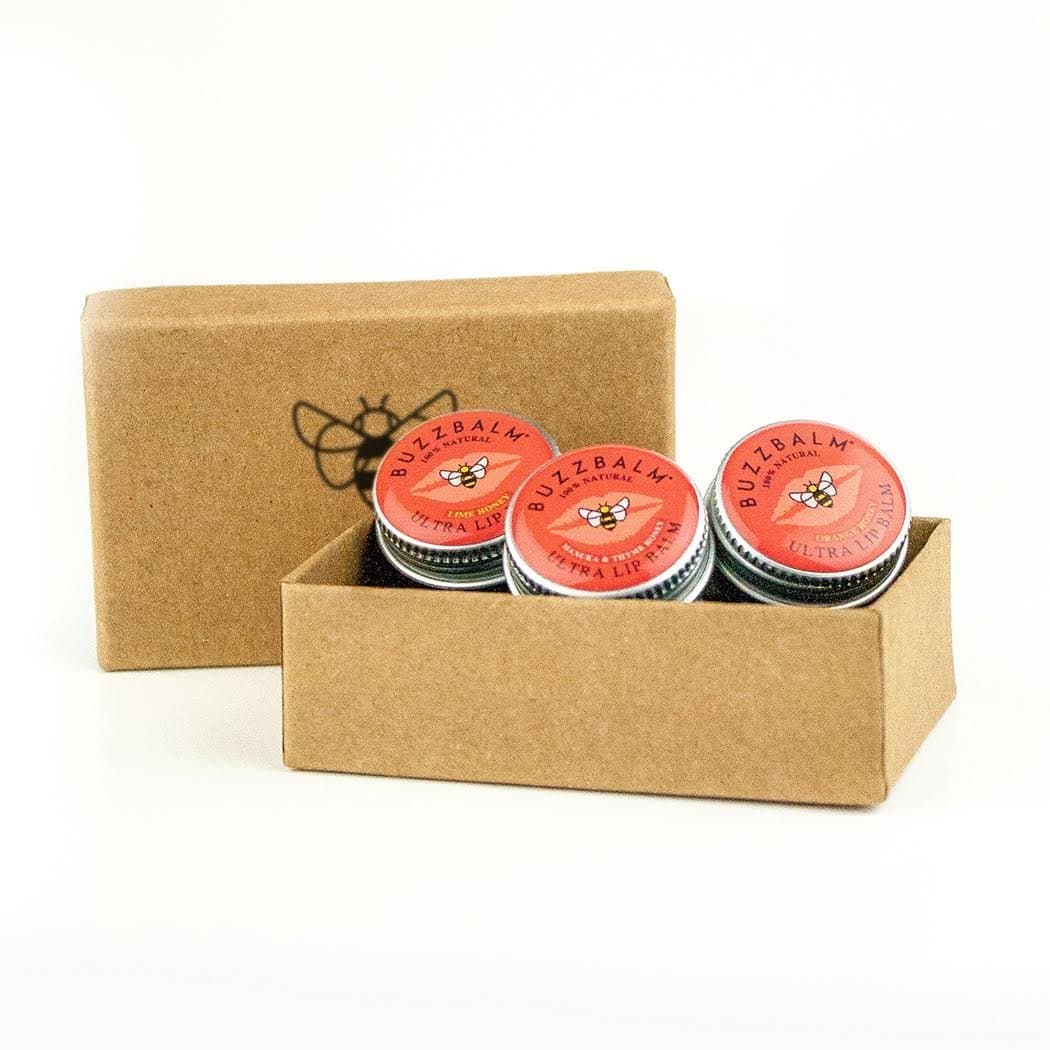 Lip Balm Set All Natural - Gift Box with 3 Different Flavoured Lip Balms (Orange, Lime, Manuka and Thyme Honeys, 4g)