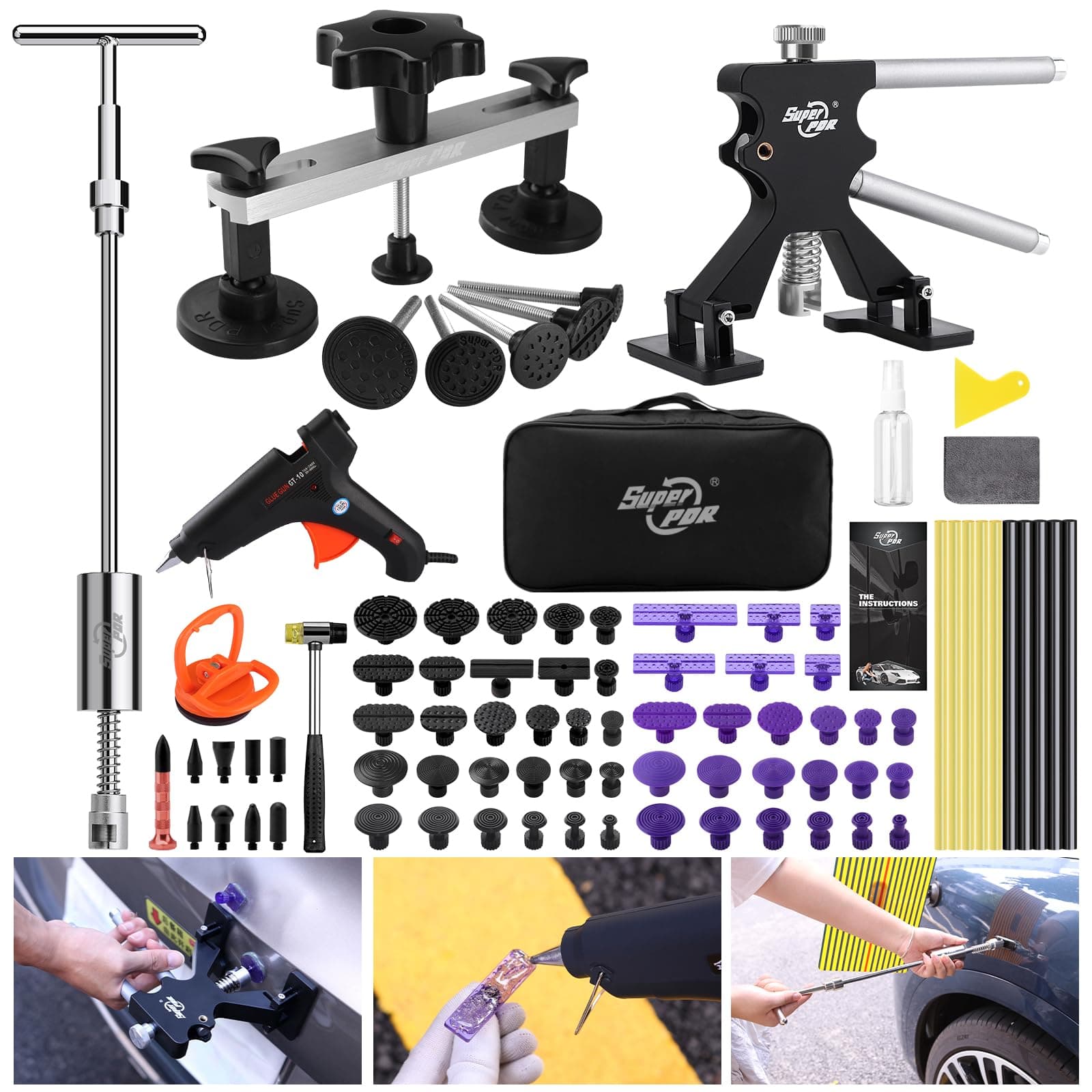 Super PDR 75Pcs Dent Puller Kit for Paintless Dent Repair, Comprehensive Auto Body Repair Tool with 3 Kinds of Puller, Extra Glue Tabs, Toolbag etc, Reusable Dent Removal Kit for Large/Small Dents
