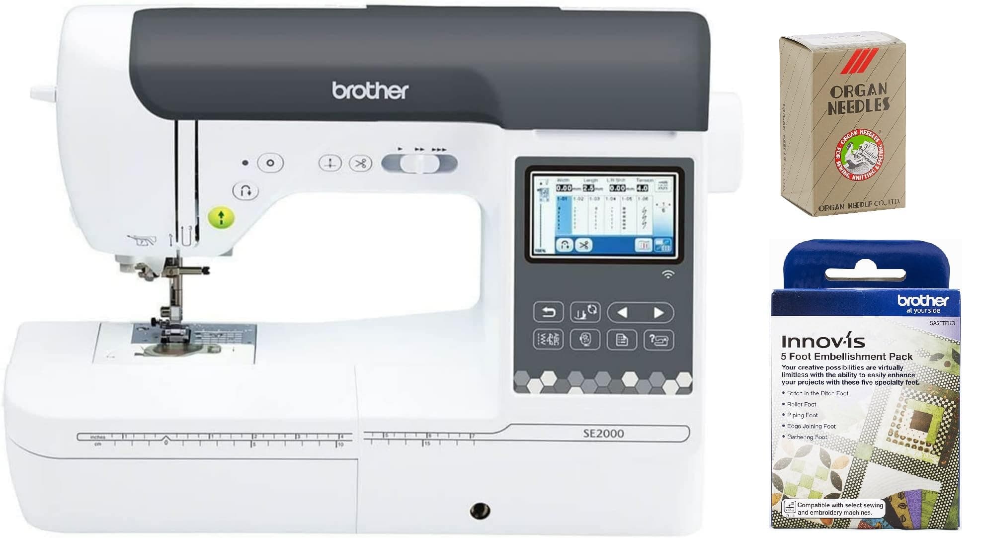 Brother SE2000 Computerized Sewing and Embroidery Machine, SA5FTPKG 5-Foot Embellishment Pack and SAEMB7511 100-Piece 75/11 Embroidery Needles
