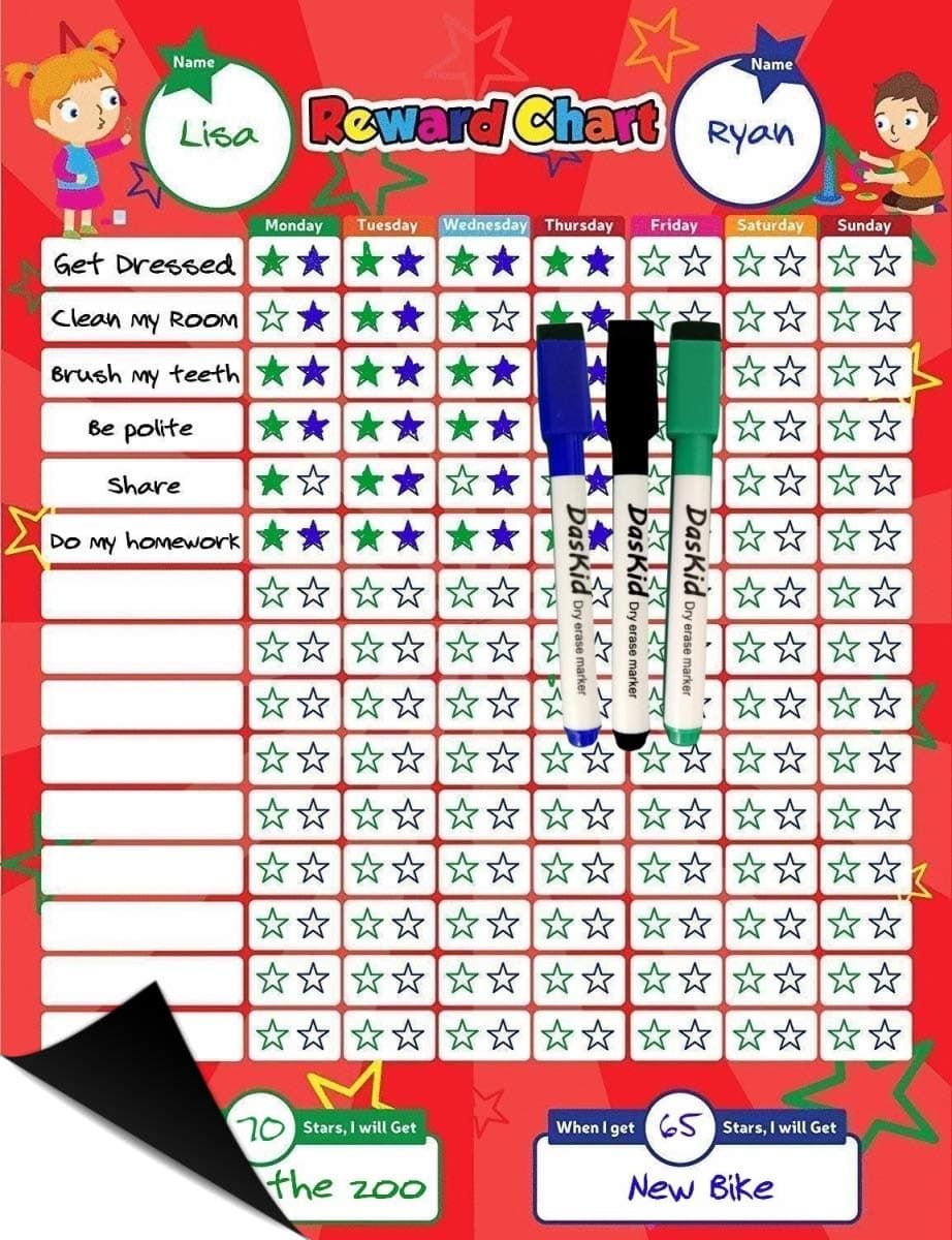 Magnetic Reward Behavior Star Chore Chart for One or Two Kids 17 x 13 Includes: 3 Color Dry Erase Markers Green, Blue, Black, Flexible Chart with Full Magnet Backing for Fridge Teaches Responsibility