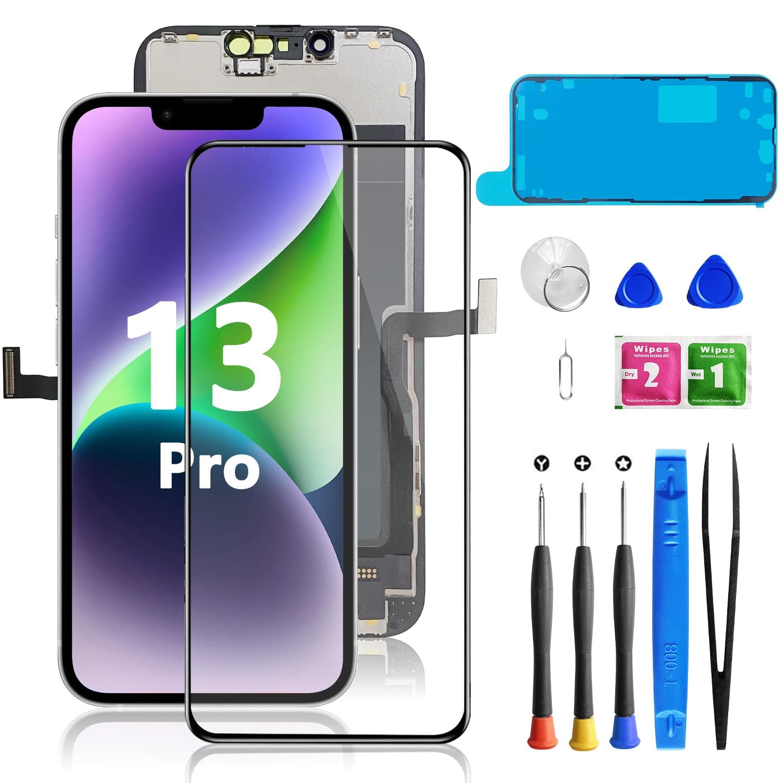 for iPhone 13 Pro Screen Replacement 6.1 Inch, 3D Touch LCD Screen Digitizer for A2483, A2636, A2638, A2639, A2640 with Repair Tools Kit+Screen Protector+Waterproof Frame Adhesive