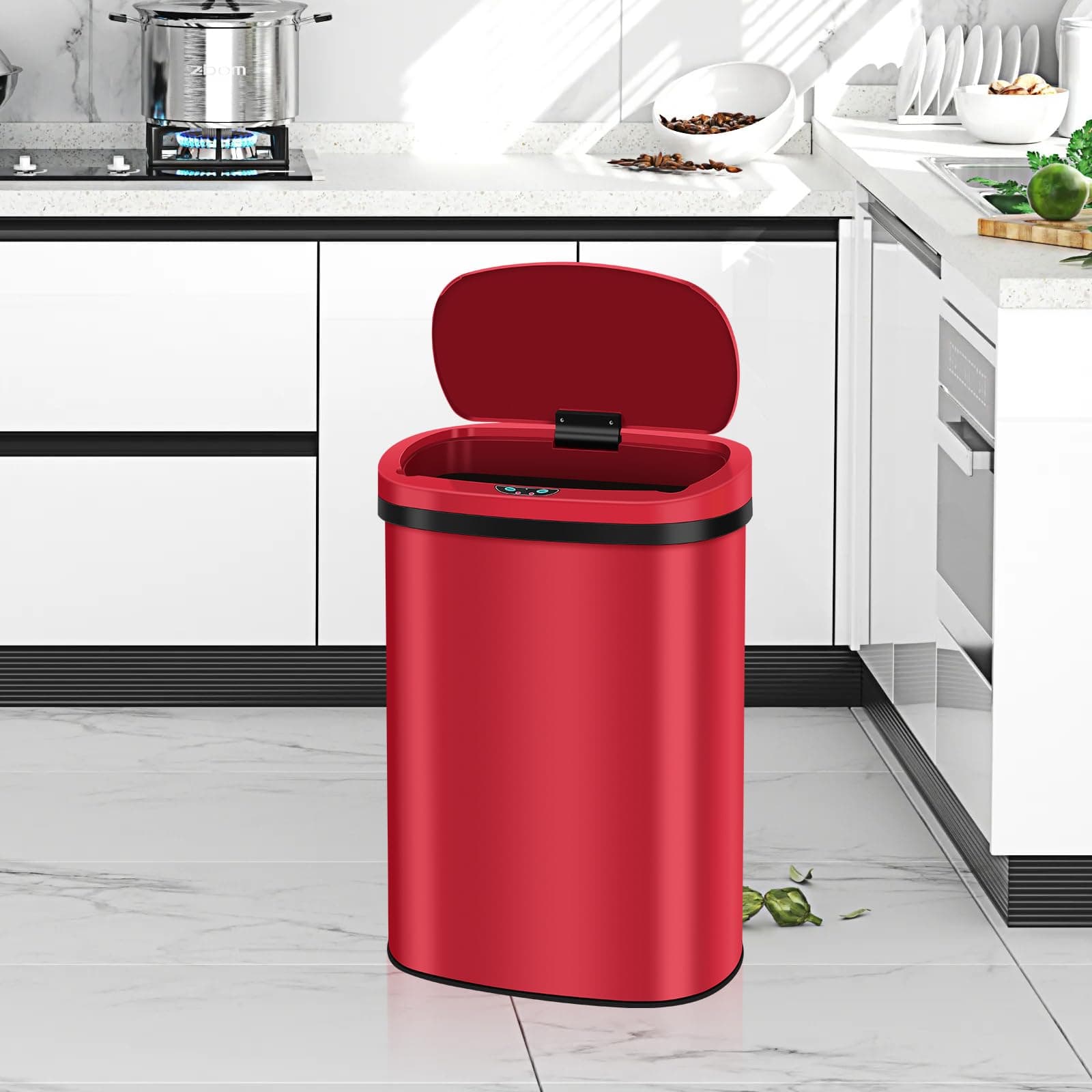 13 Gallon Stainless Steel Automatic Sensor Trash Can - No Touch Garbage Can Kitchen Waste Bin High-Capacity Bathroom Trash Can with Lid for Home Bedroom Office,Red
