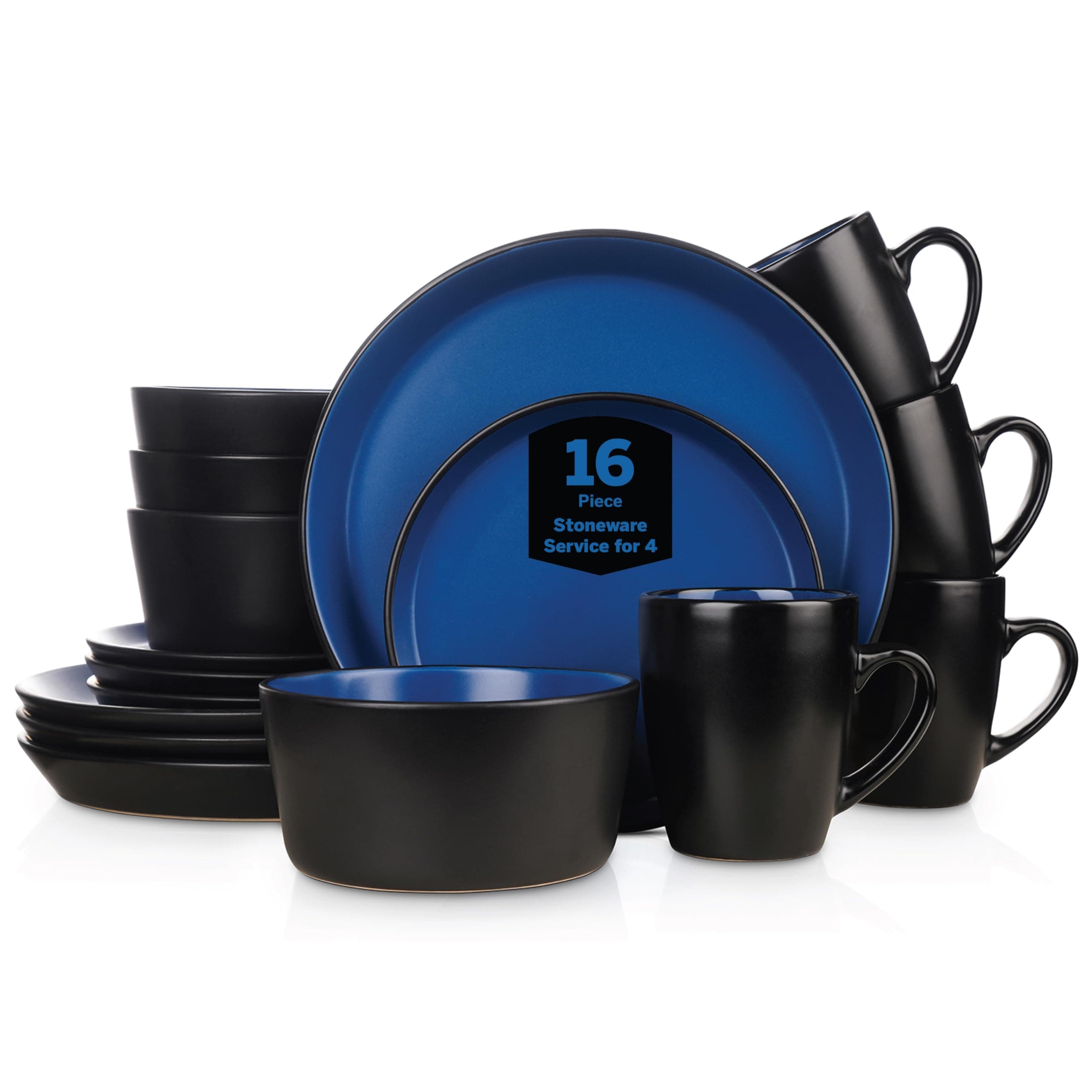 Stone Lain Albie Stoneware 16-Piece Modern Dinnerware Set, Kitchen Plates and Bowls Sets, Dish Set for 4, Blue and Black