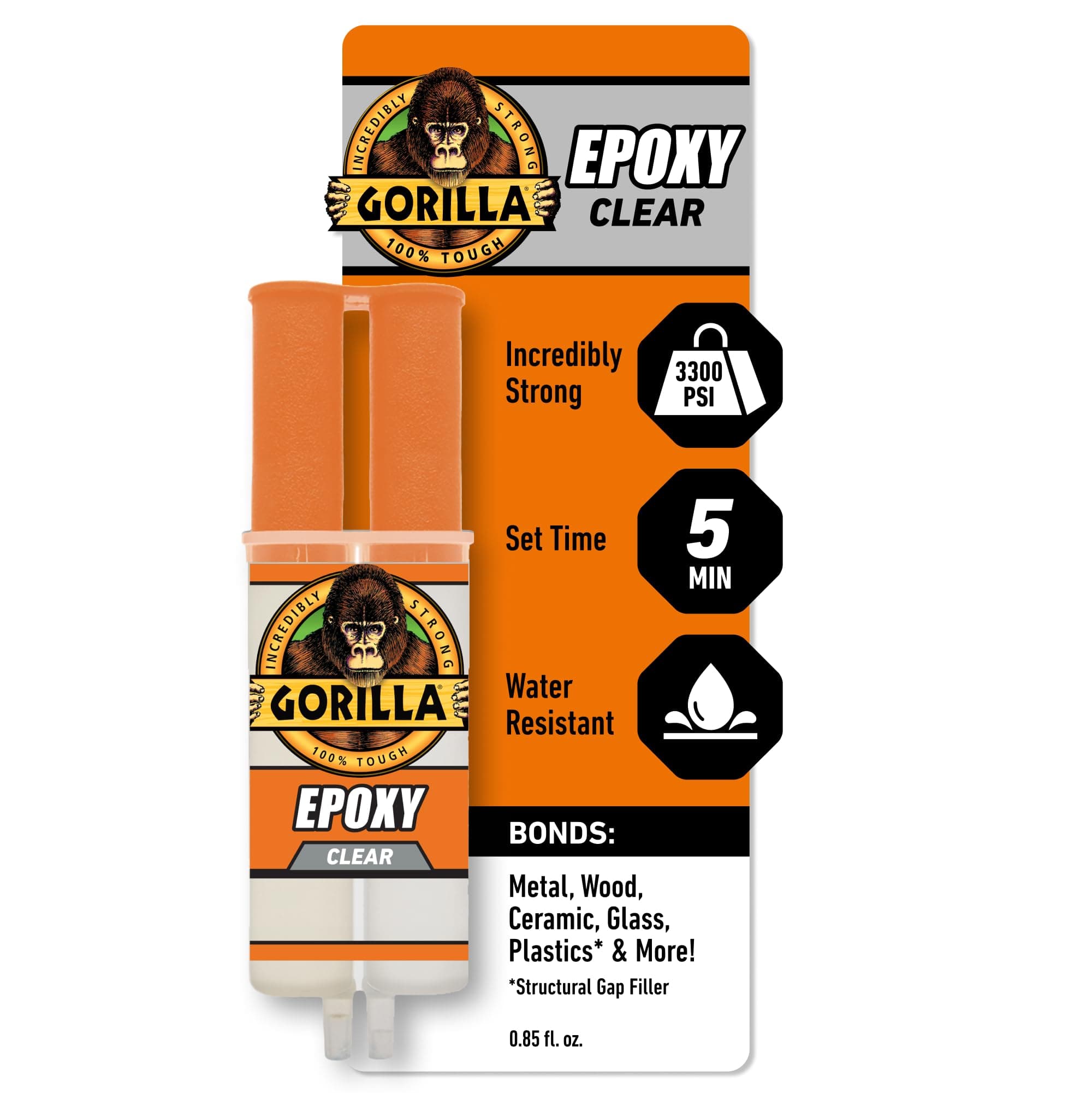 Gorilla 2 Part Epoxy, Clear Epoxy, 0.85 Ounce Syringe (Pack of 1) - 5 Minute Set, Incredibly Strong Bonding