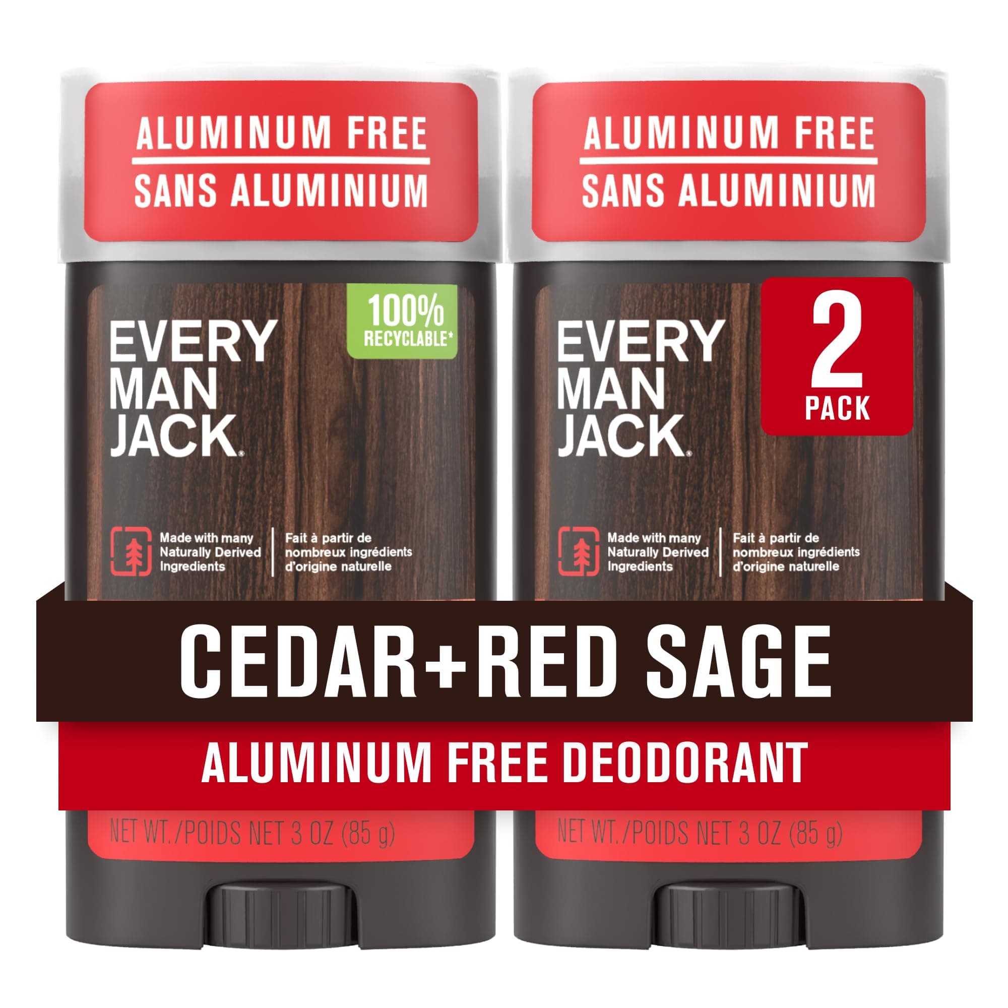 Cedar + Red Sage Men’s Deodorant - Stay Fresh with Aluminum Free Deodorant For all Skin Types - Odor Crushing, Long Lasting, with Naturally Derived Ingredients - 3 oz - 2 Pack