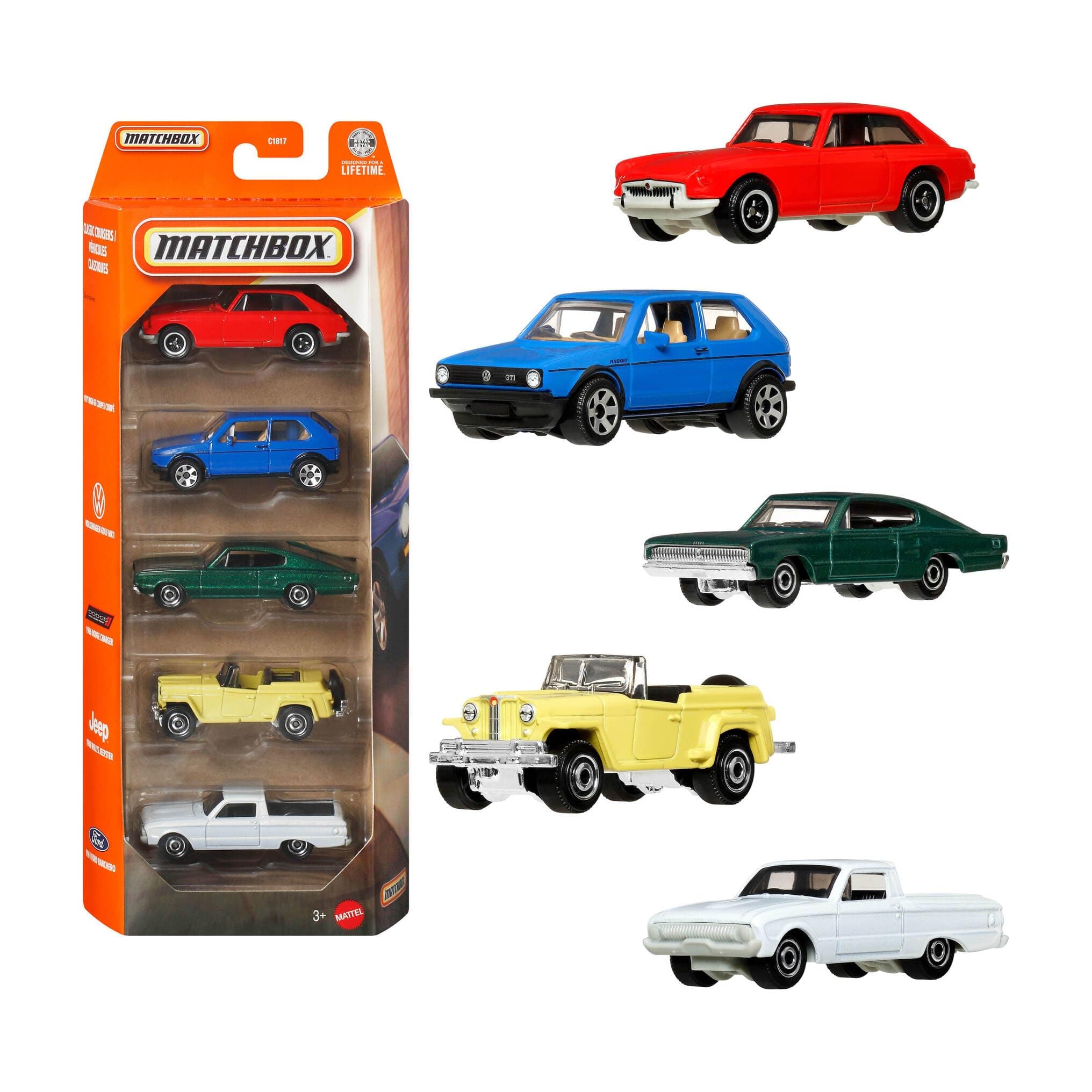 Matchbox 5-Pack of 1:64 Scale Vehicles (Assorted Styles, One Random Set), 5 Toy Car Collection of Real-World Replicas for Kids 3 Years Old & Up, C1817