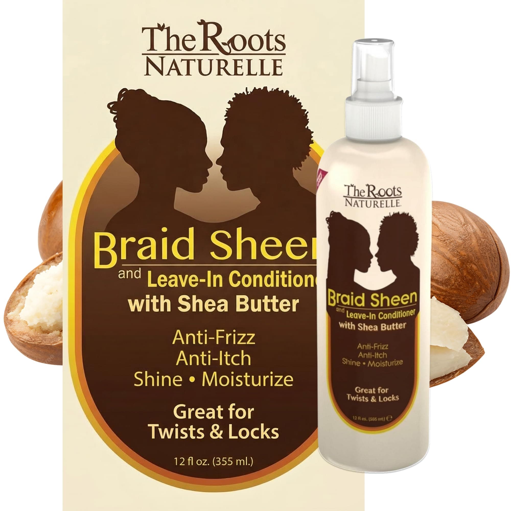 The Roots Naturelle Braid Sheen Braid Spray | 12 Fl Oz | Leave-in Conditioner with Shea Butter | Enriched with Vitamins and Essential Oils | Anti-Itch, Anti-Frizz | Great for Twists and Locs