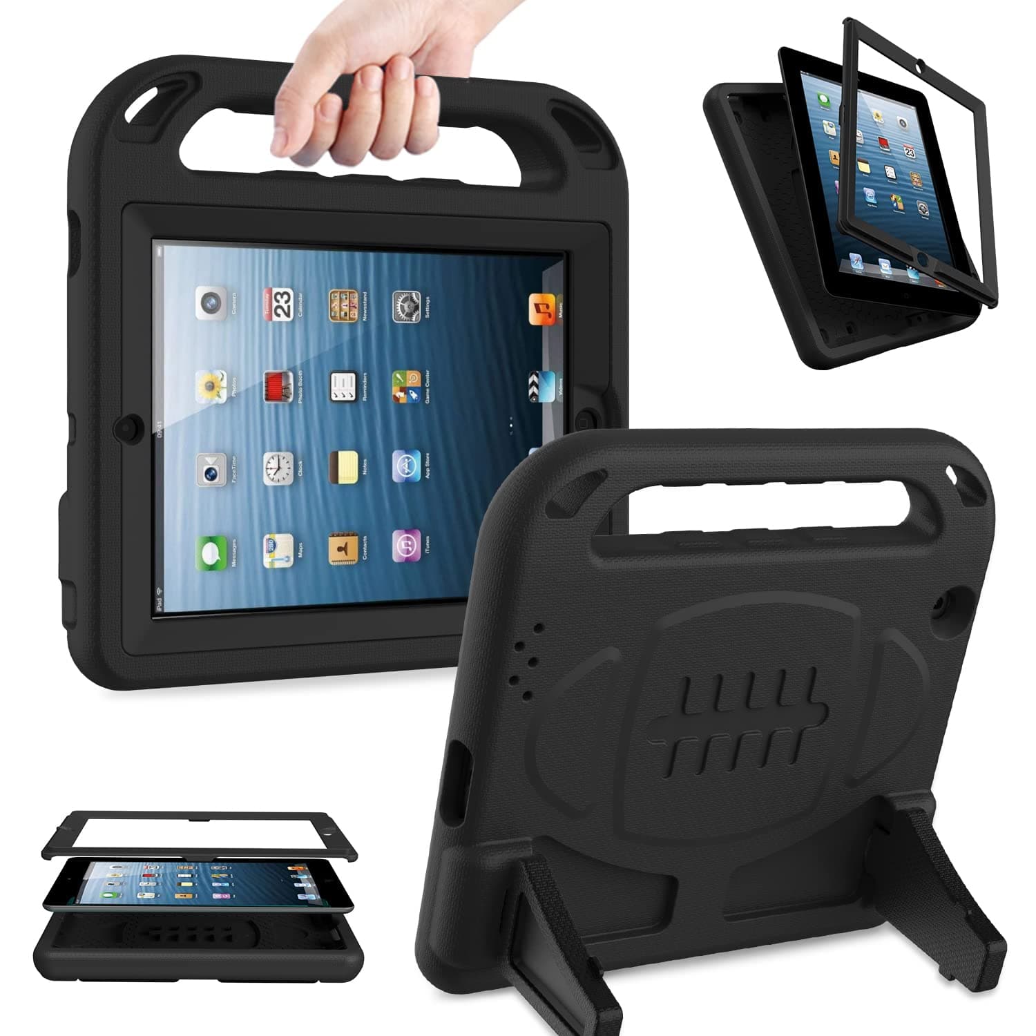 AVAWO Kids Case Built-in Screen Protector for iPad 2 3 4 (Old Model)- Shockproof Handle Stand Kids Friendly Compatible with iPad 2nd 3rd 4th Generation (Black)