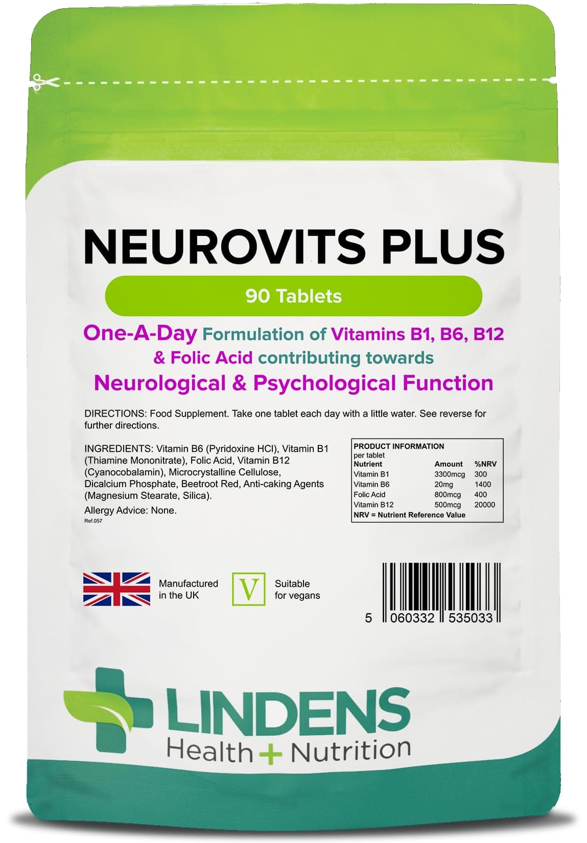 Neurovits Plus Tablets, 90 Pack - One A Day - UK Made, Psychological & Nervous Function, Tiredness & Fatigue - Vitamin B1, B6, B12 & Folic Acid - Letterbox Friendly - Vegan