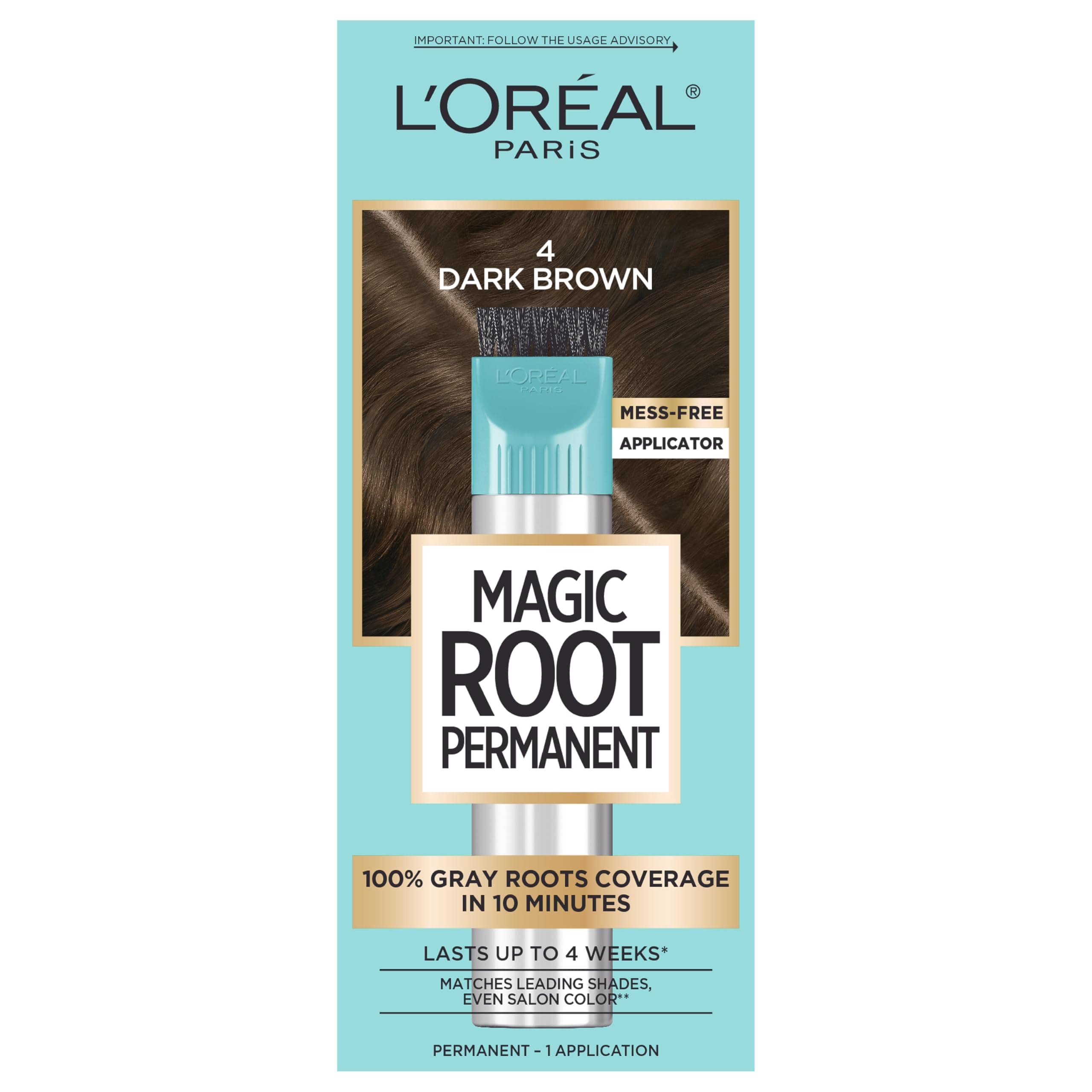 L'Oreal Paris Magic Root Rescue 10 Minute Root Hair Coloring Kit, Permanent Color with Quick Precision Applicator, 100 percent Gray Coverage, 4 Dark Brown, 1 kit (Packaging May Vary)