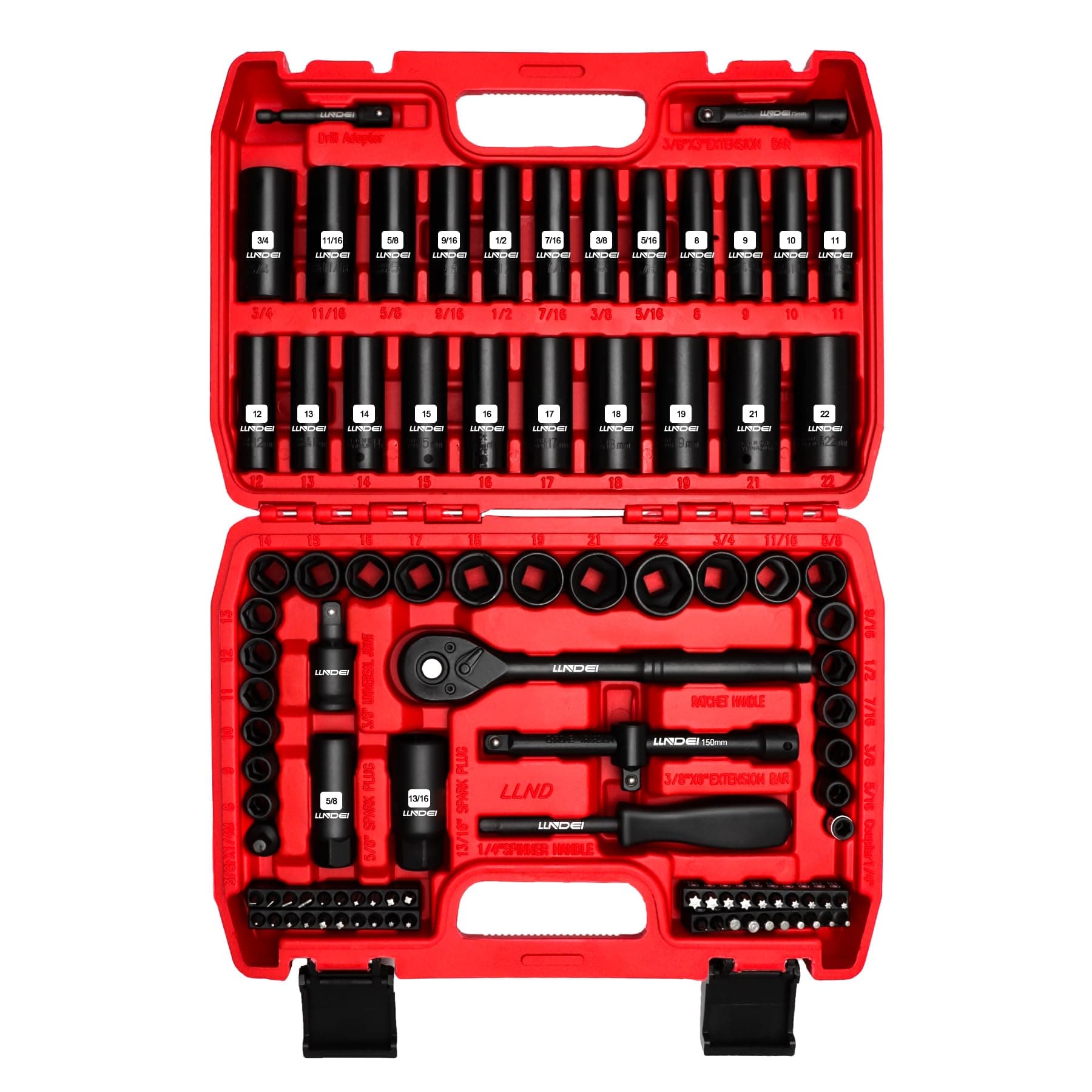 3/8”Drive Impact Socket Set,Standard SAE(5/16 to 3/4-Inch) Metric Size(8-22mm), 95 Piece, CR-V Steel Deep&Shallow Kit, Adapters, Ratchet Handle, Screwdriver Bit Set, Spark Plug Socket, 6 Point