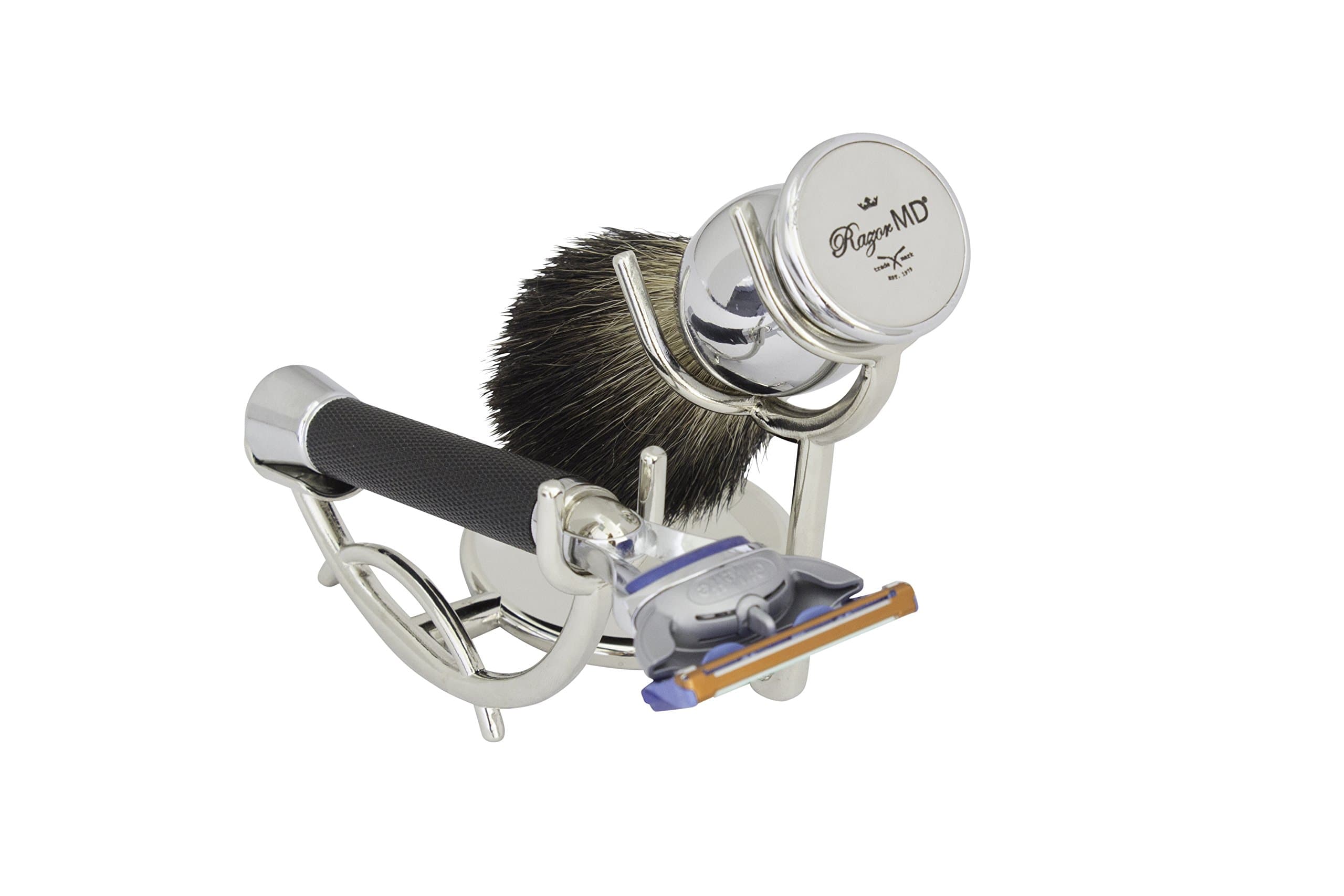 Razor MD 3-Piece iGrip Black Custom Shave Set (Black iGRIP 5-Blade Razor, Shave Brush, Chrome Stand)